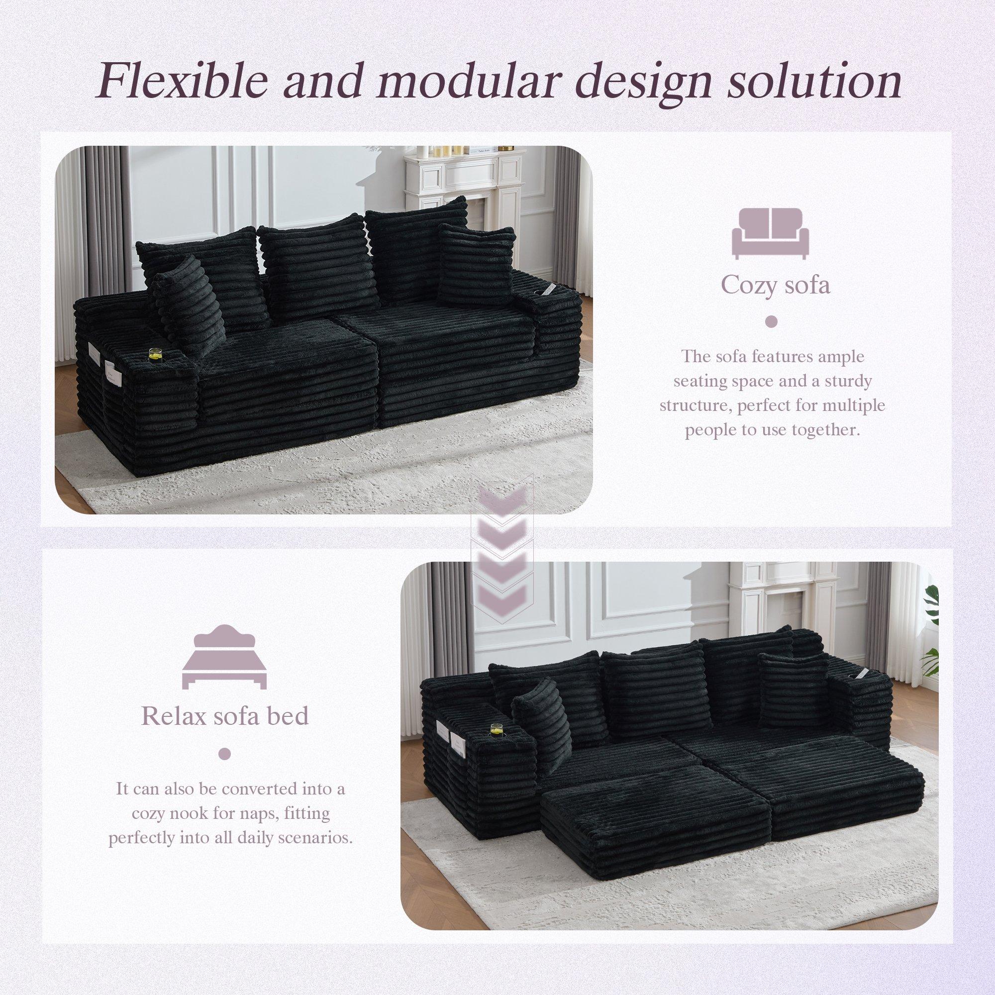 Black - Urban Meuble - Corduroy Convertible Sleeper Sofa - 8
