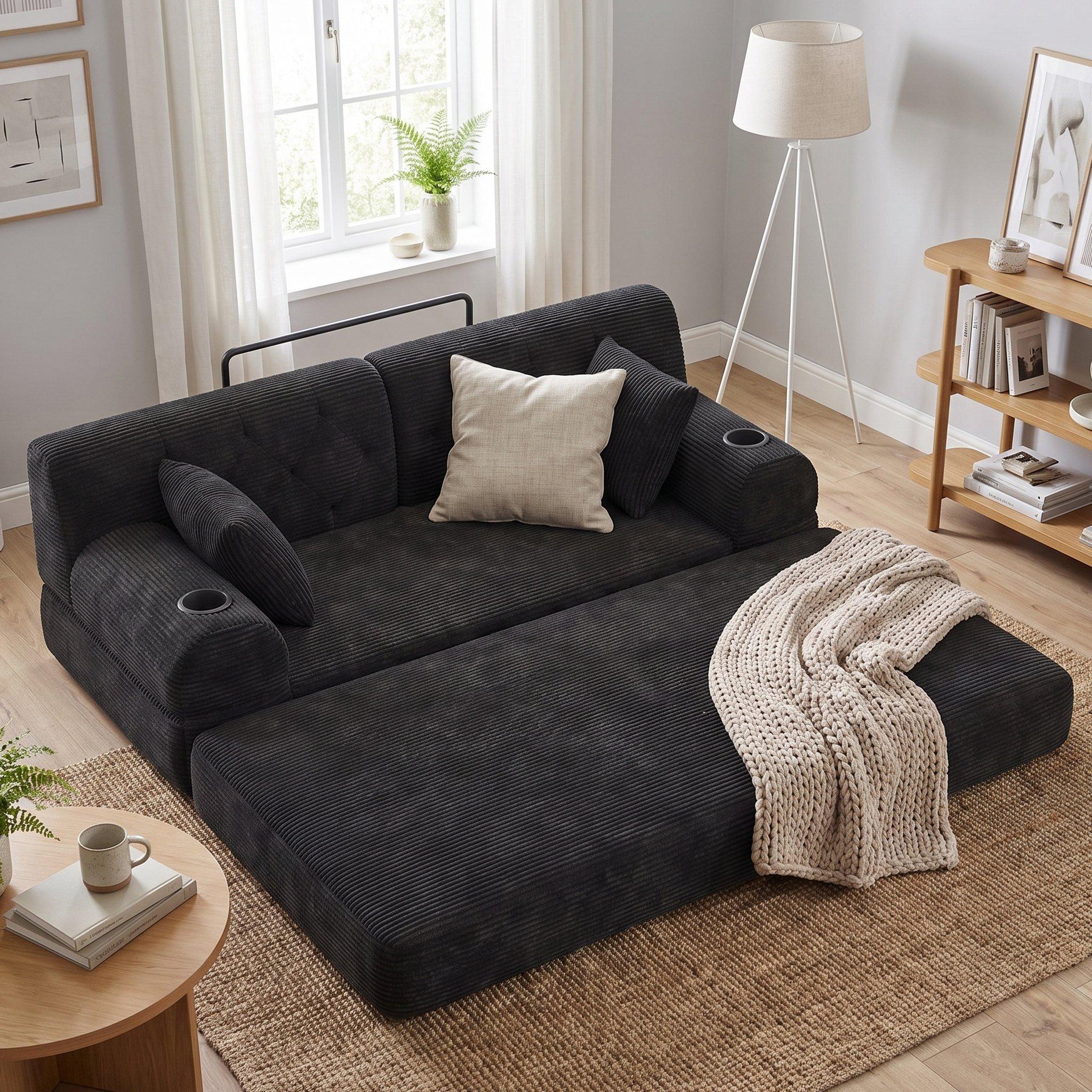 Black - Urban Meuble - Corduroy Convertible Sleeper Sofa - 2