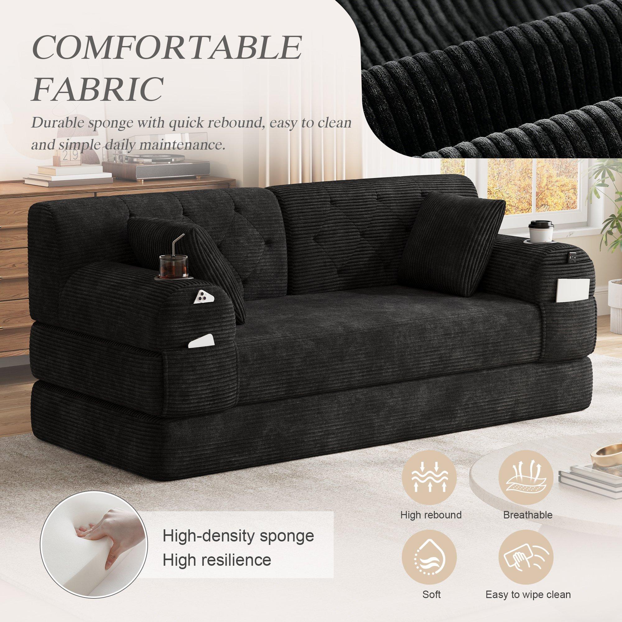 Black - Urban Meuble - Corduroy Convertible Sleeper Sofa - 11