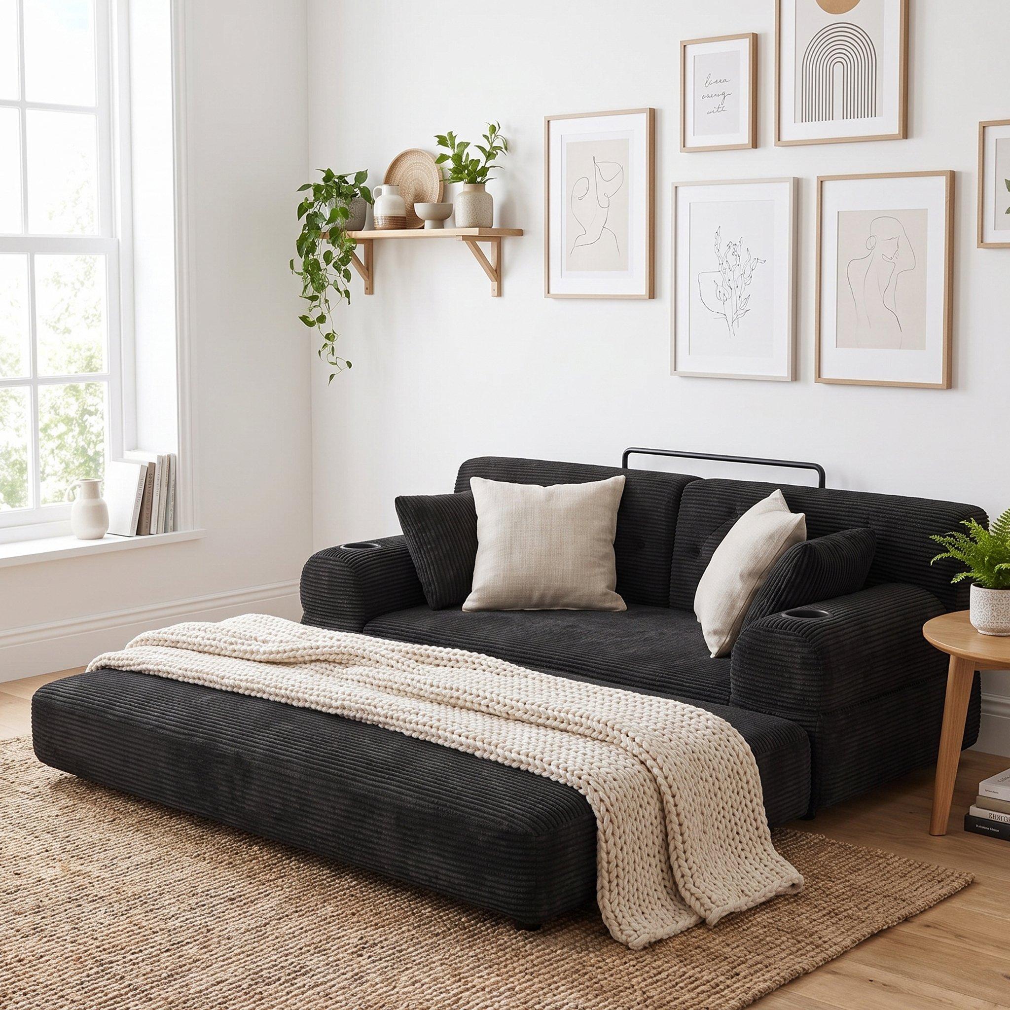 Black - Urban Meuble - Corduroy Convertible Sleeper Sofa - 4