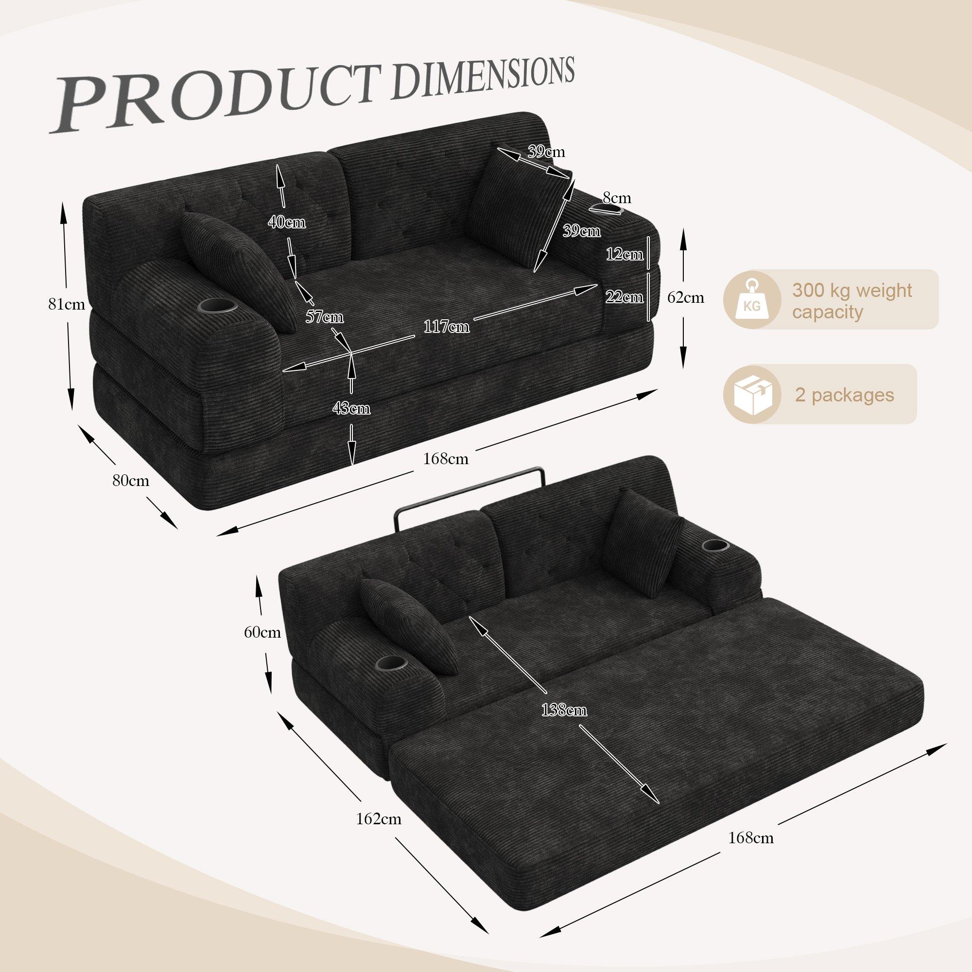 Black - Urban Meuble - Corduroy Convertible Sleeper Sofa - 6