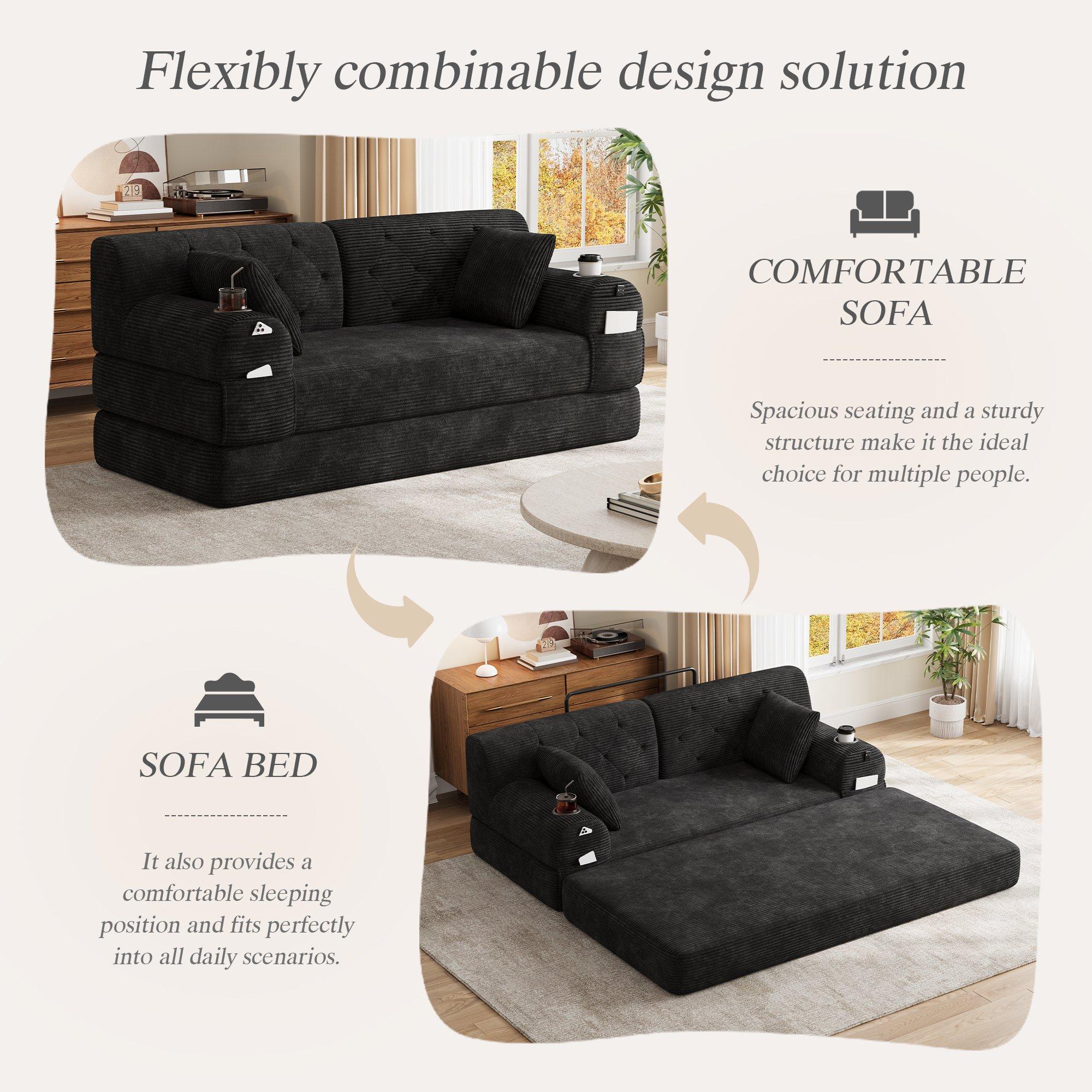 Black - Urban Meuble - Corduroy Convertible Sleeper Sofa - 7