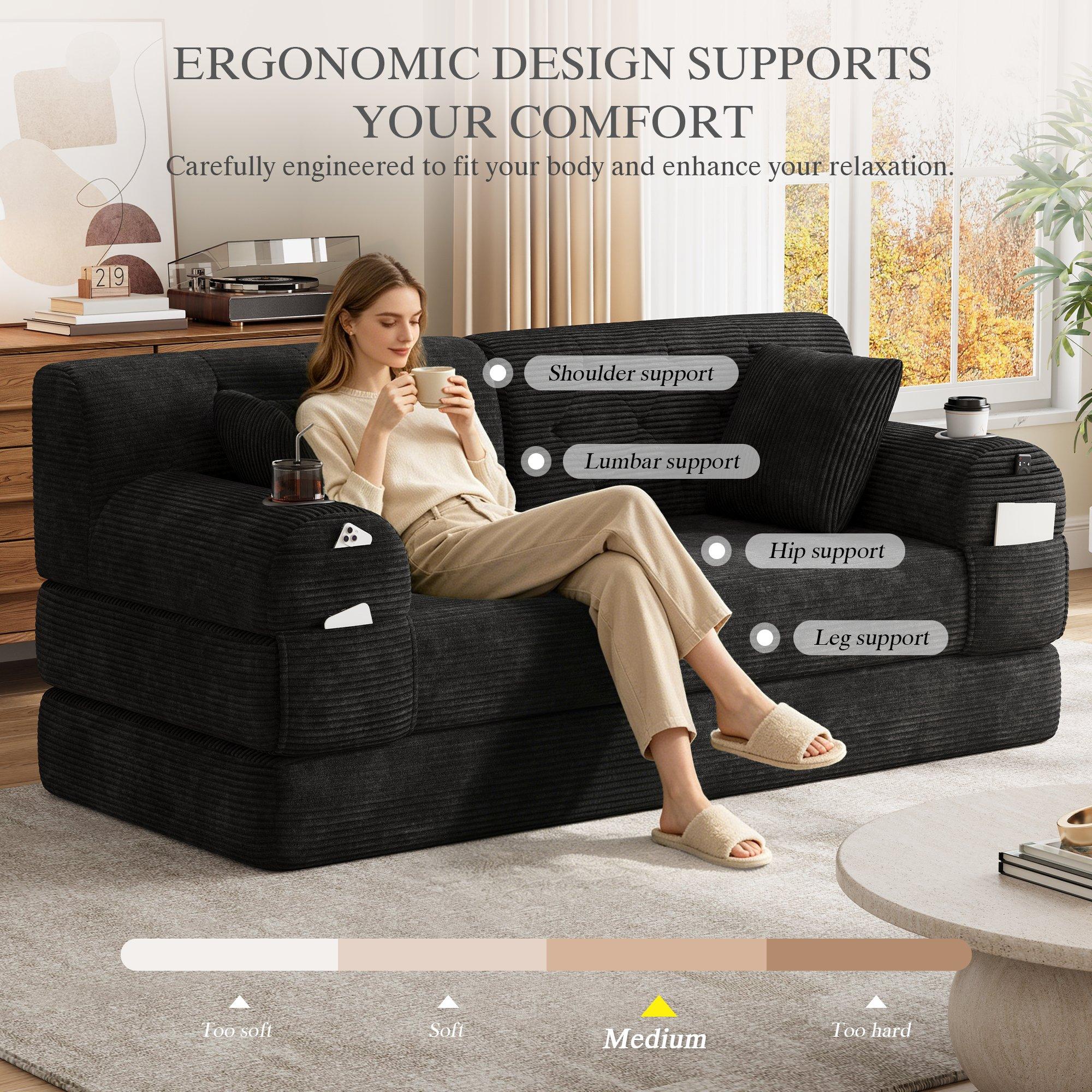 Black - Urban Meuble - Corduroy Convertible Sleeper Sofa - 8