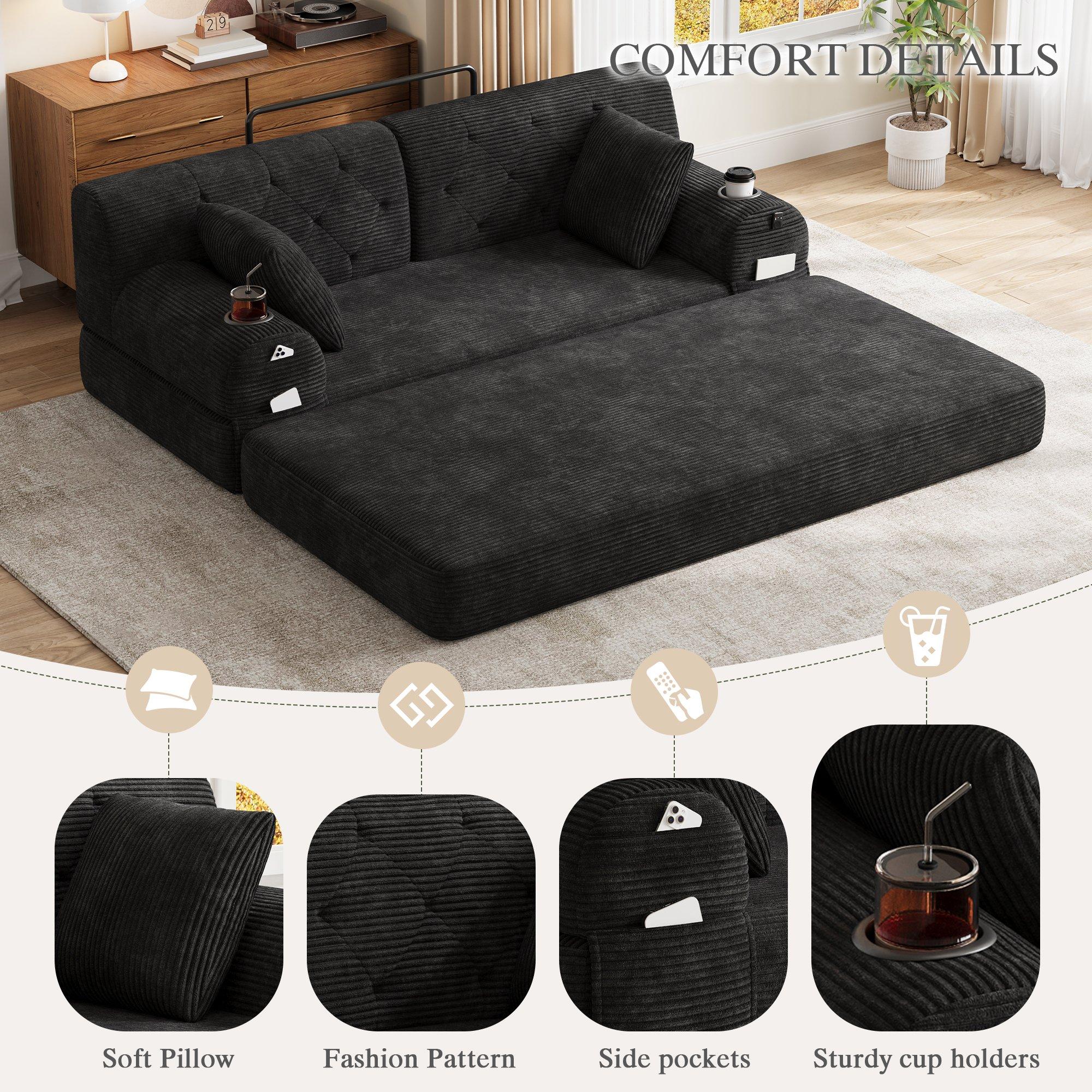 Black - Urban Meuble - Corduroy Convertible Sleeper Sofa - 9
