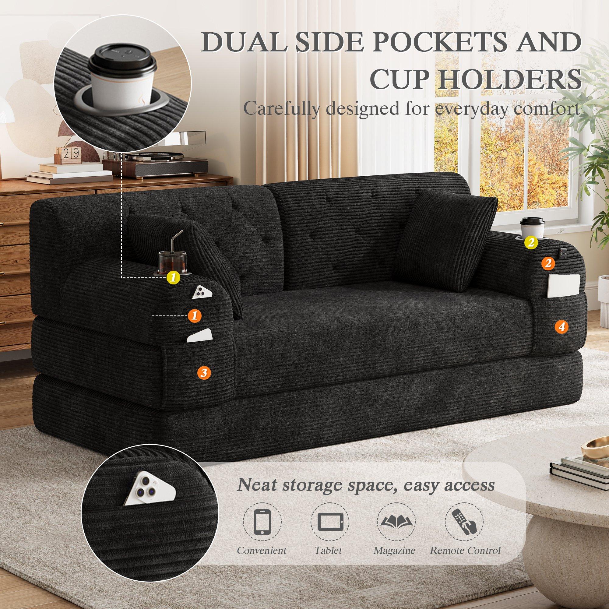 Black - Urban Meuble - Corduroy Convertible Sleeper Sofa - 10