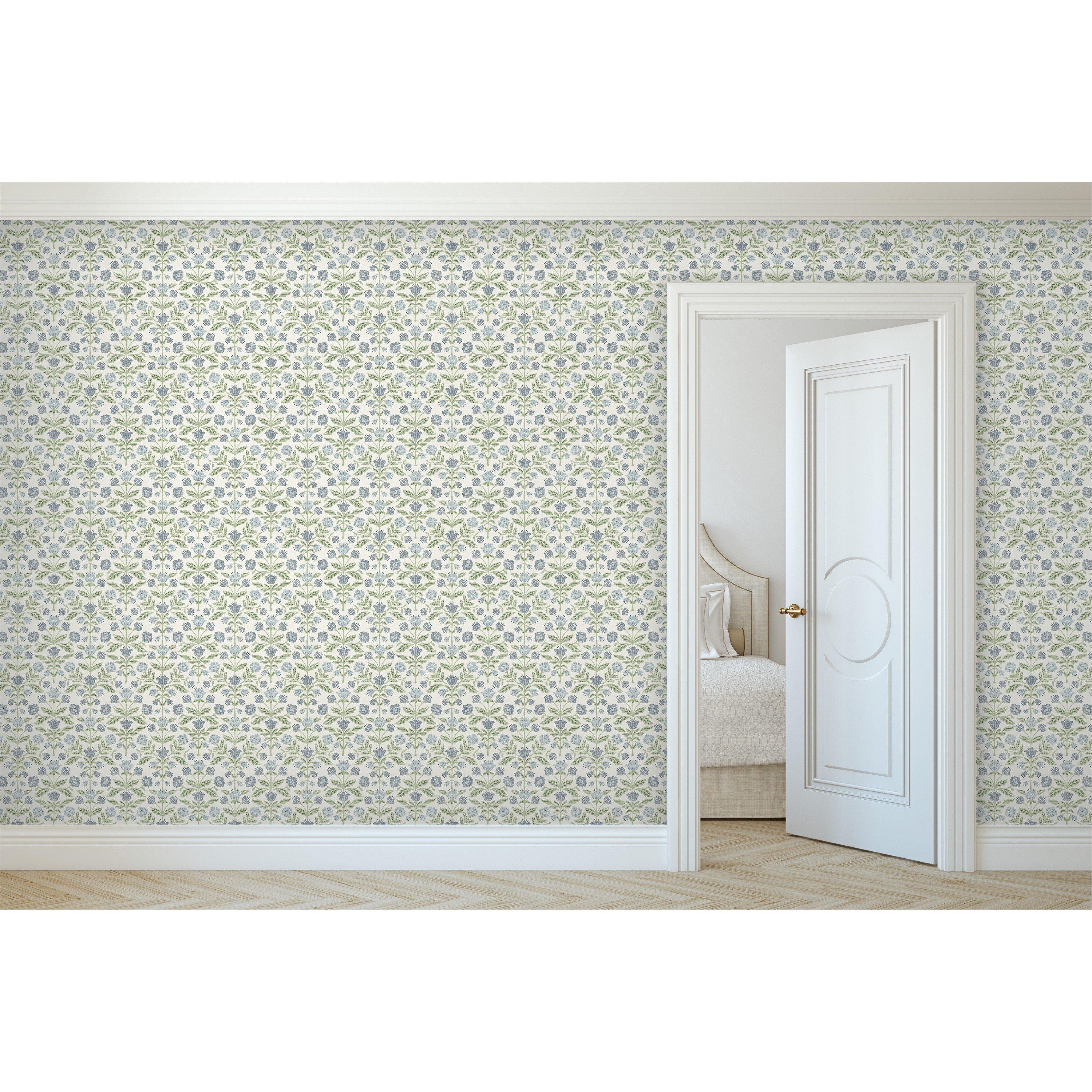 Green - Arthouse - Modern Floral Damask Blue / Green Wallpaper - 2