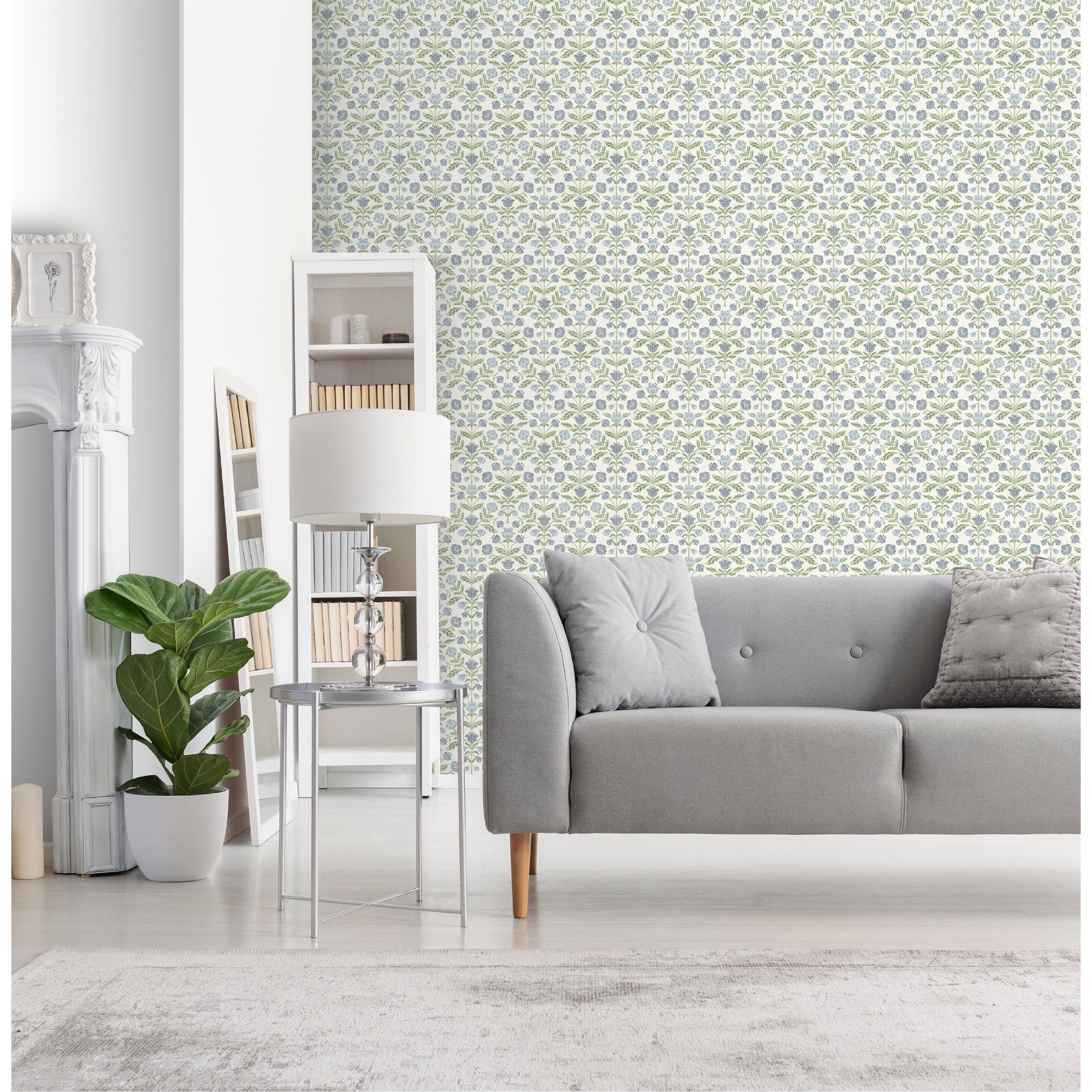Green - Arthouse - Modern Floral Damask Blue / Green Wallpaper - 3