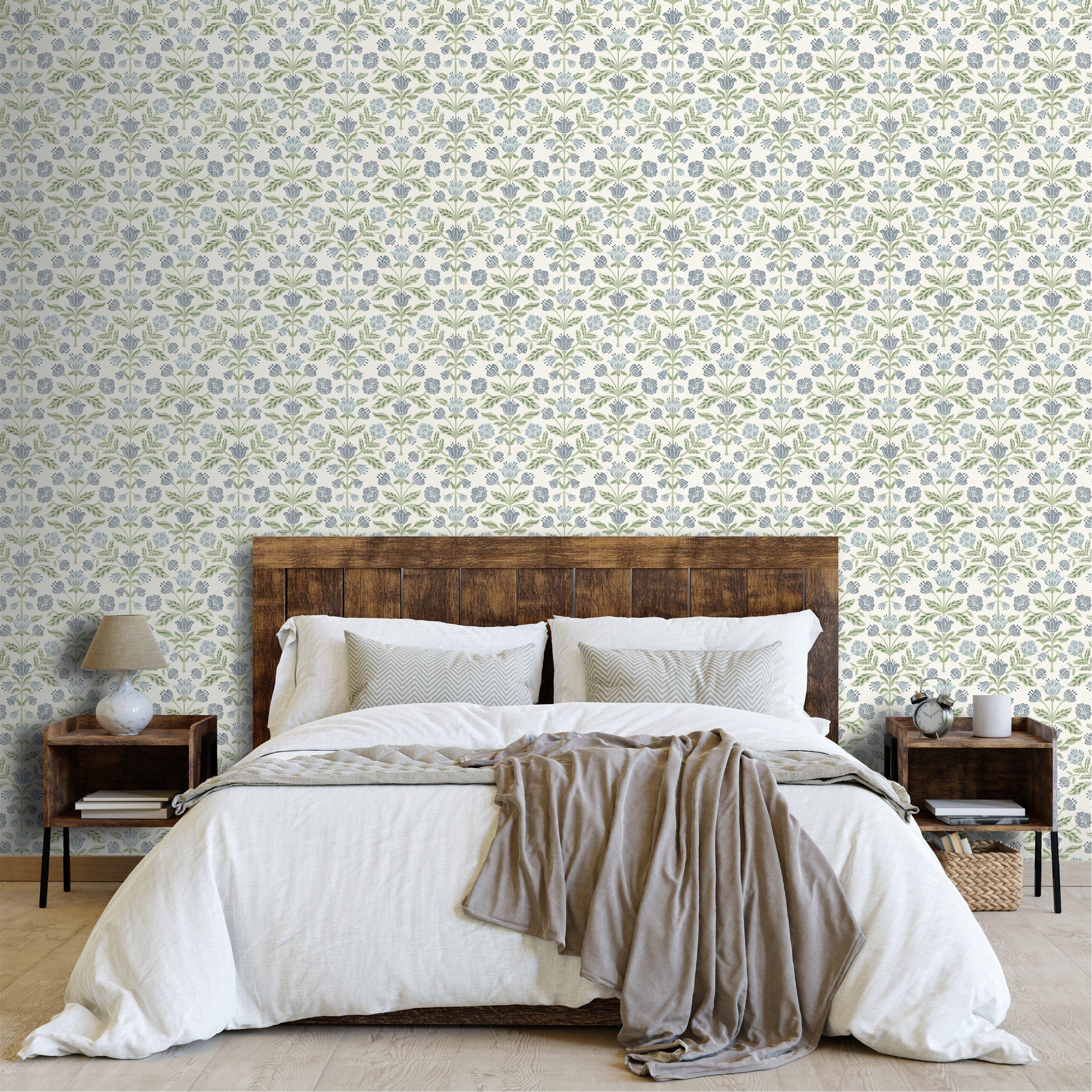 Green - Arthouse - Modern Floral Damask Blue / Green Wallpaper - 4