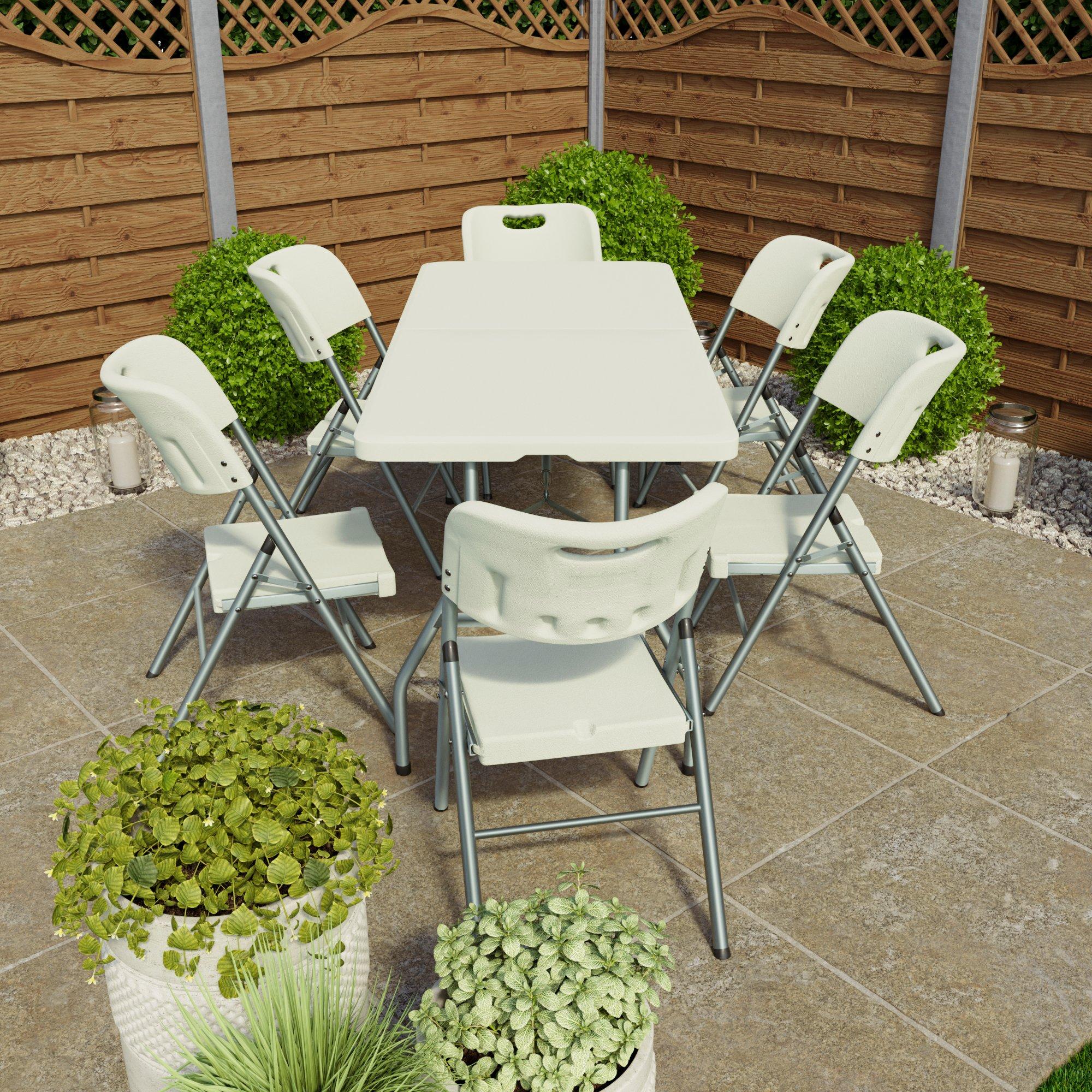White - Lassic - Outdoor Folding Table 5ft & 6 Folding Chairs - 4