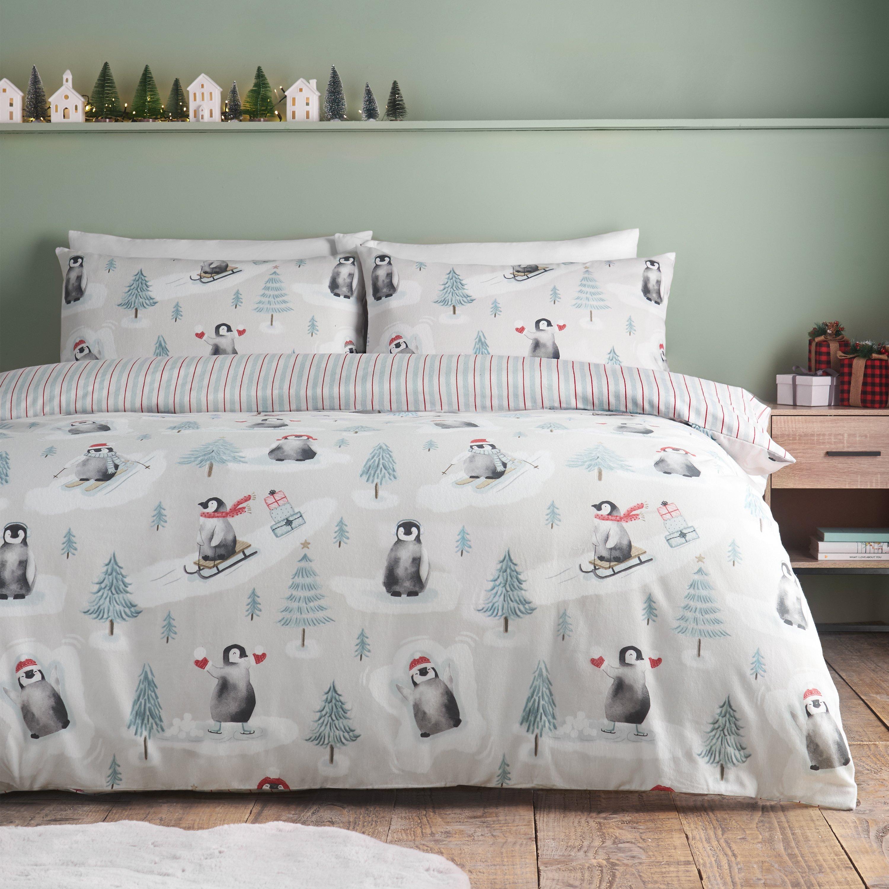 Green - Catherine Lansfield - Brushed Christmas Penguins Cotton Duvet Cover Set - 1