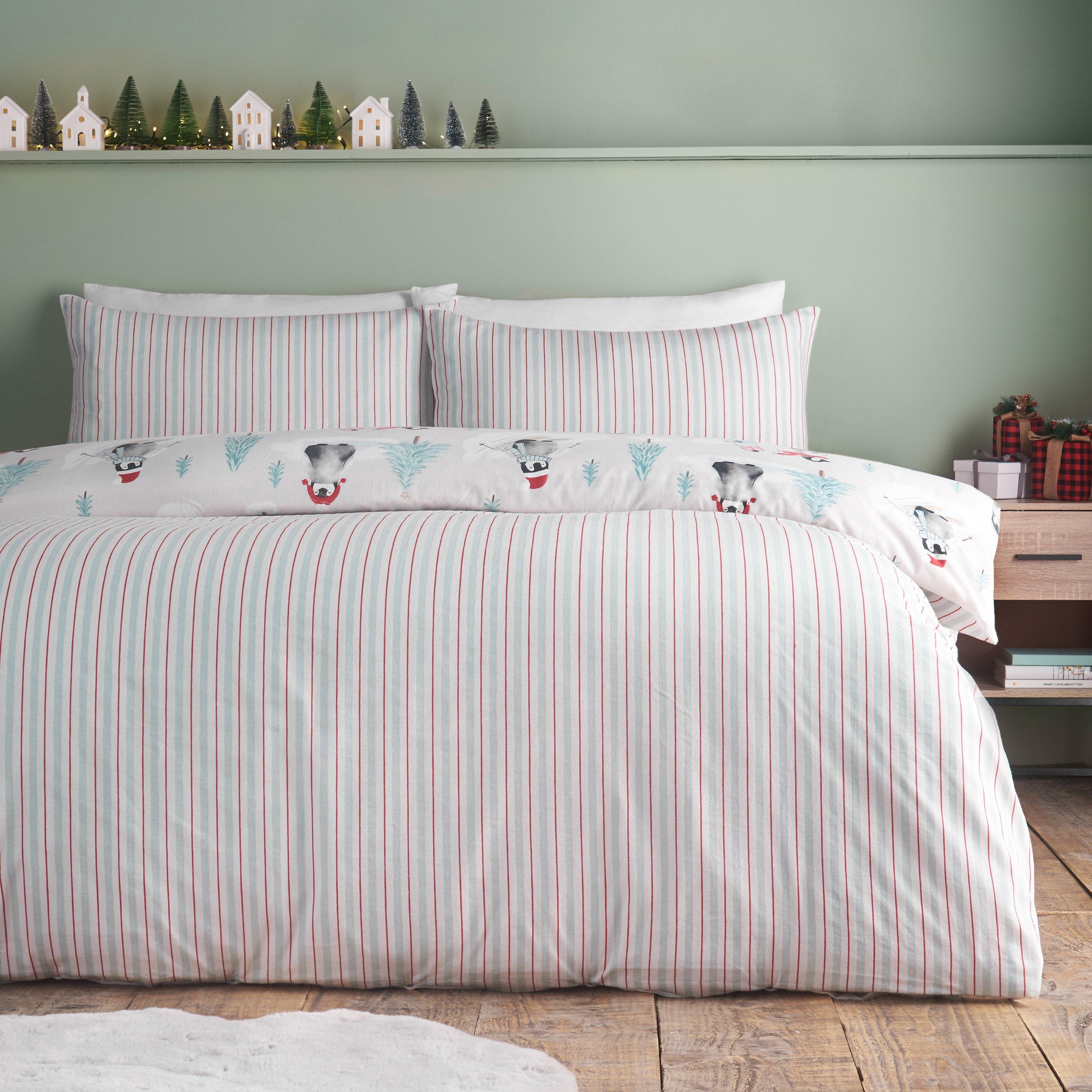Green - Catherine Lansfield - Brushed Christmas Penguins Cotton Duvet Cover Set - 2