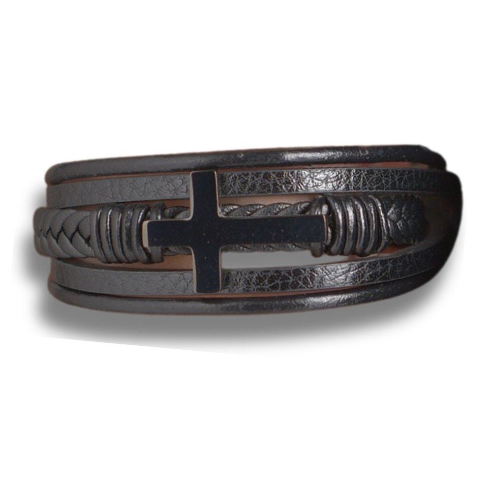 Black - Aye Do Gifts - Mens Black Leather Cross Bracelet - 1