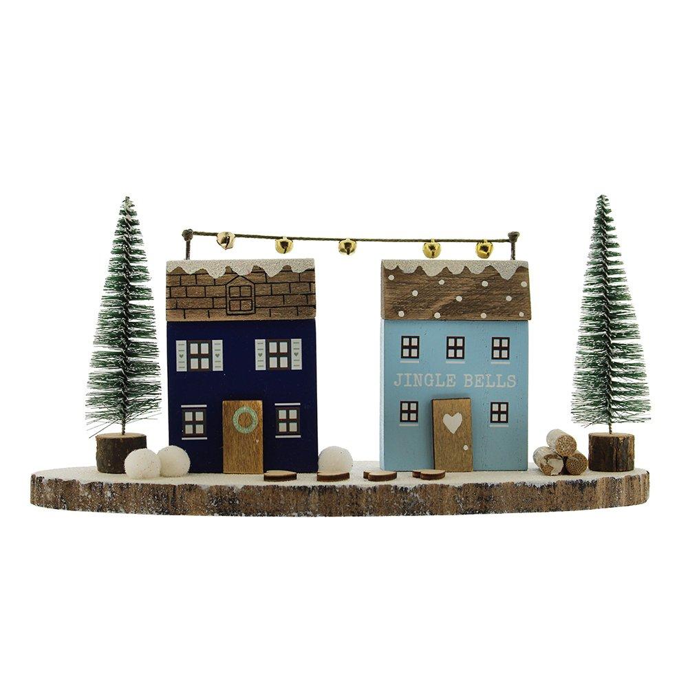 White - Something Different - 25cm Wooden Double Snowy House Ornament