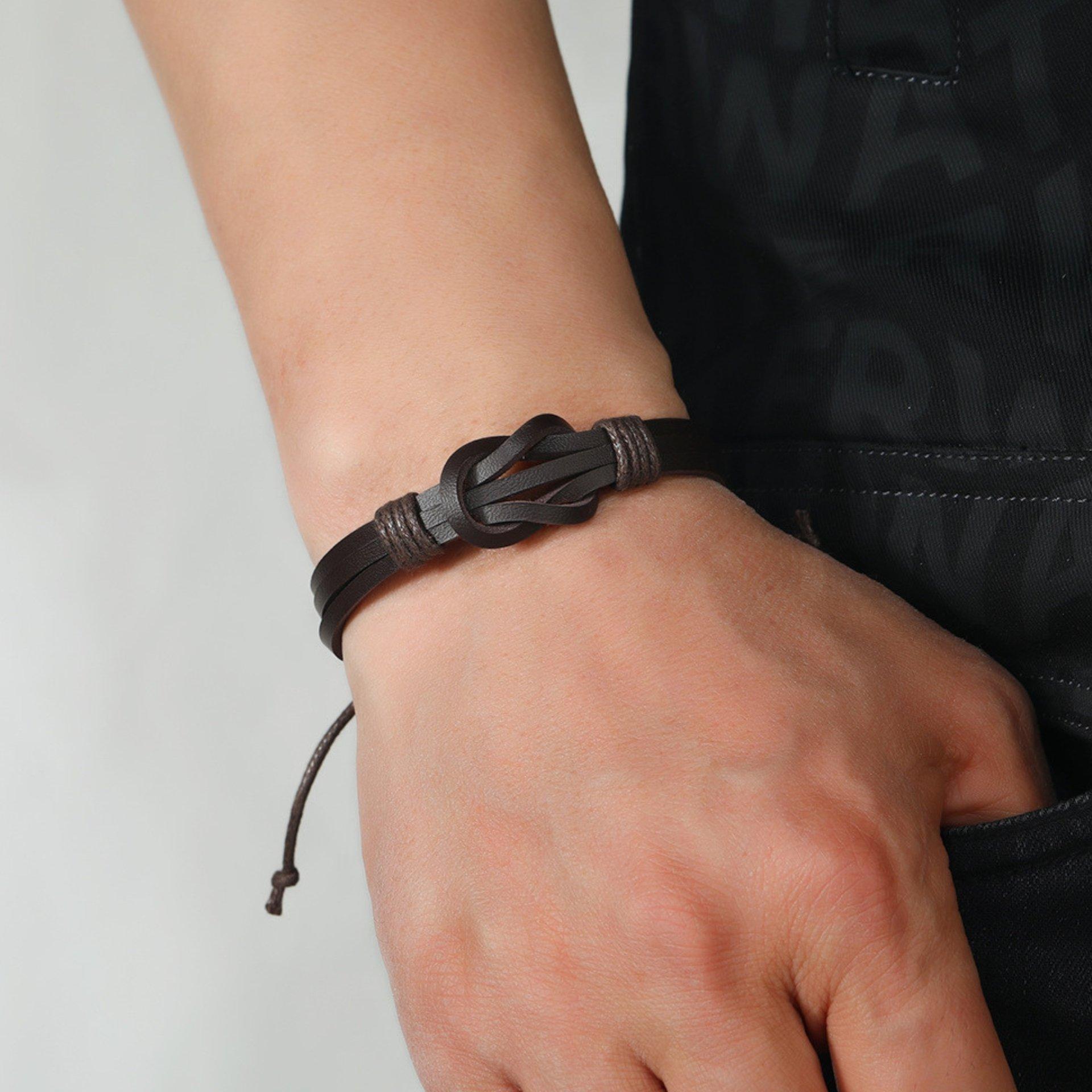 Black - Aye Do Gifts - Mens Black Leather Retro Knot Bracelet - 1