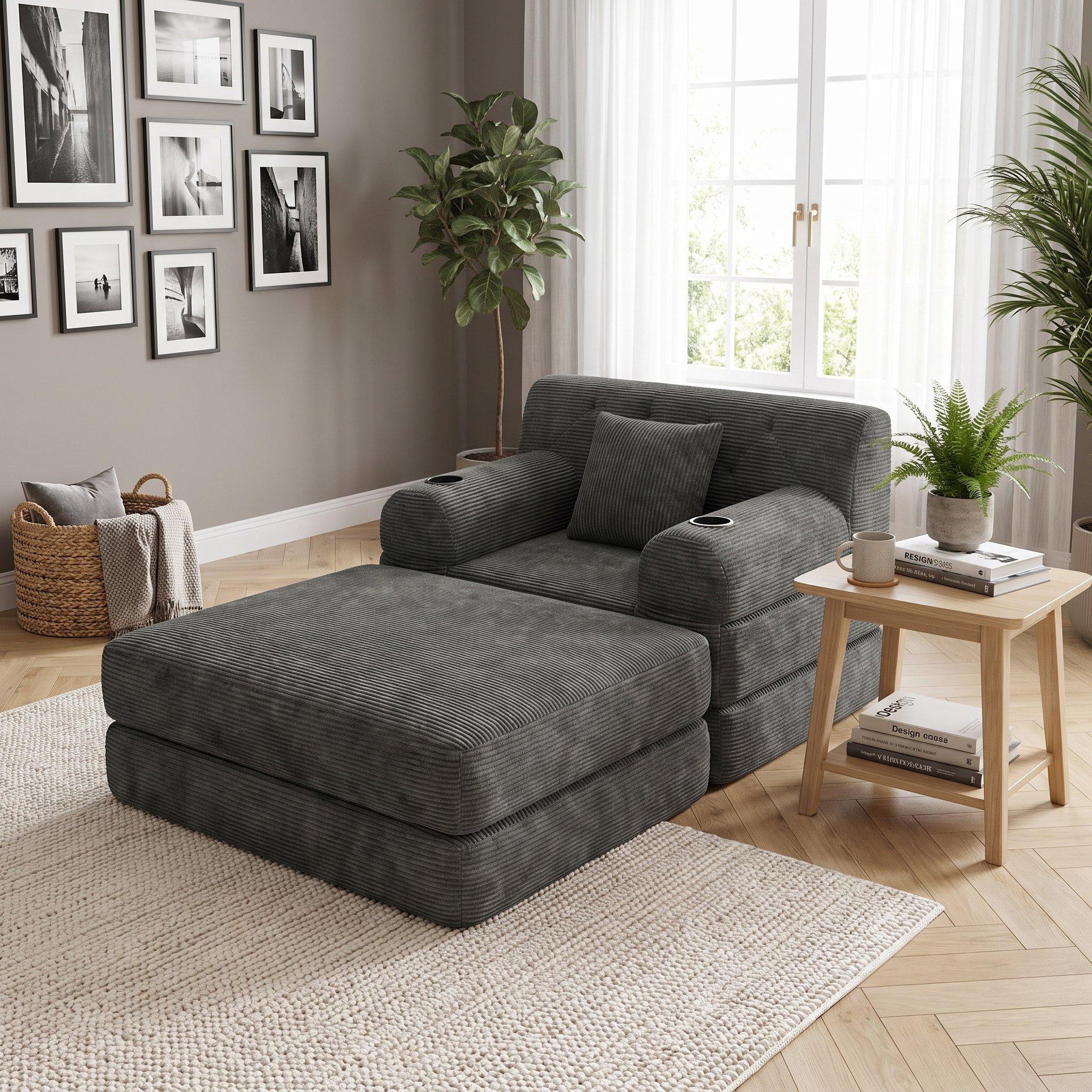 Dark Gray - Urban Meuble - Corduroy Convertible Sleeper Chair with Ottoman - 1