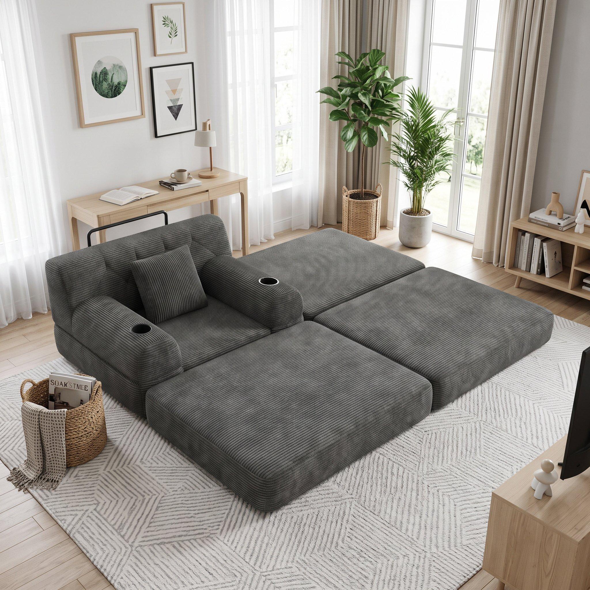 Dark Gray - Urban Meuble - Corduroy Convertible Sleeper Chair with Ottoman - 2