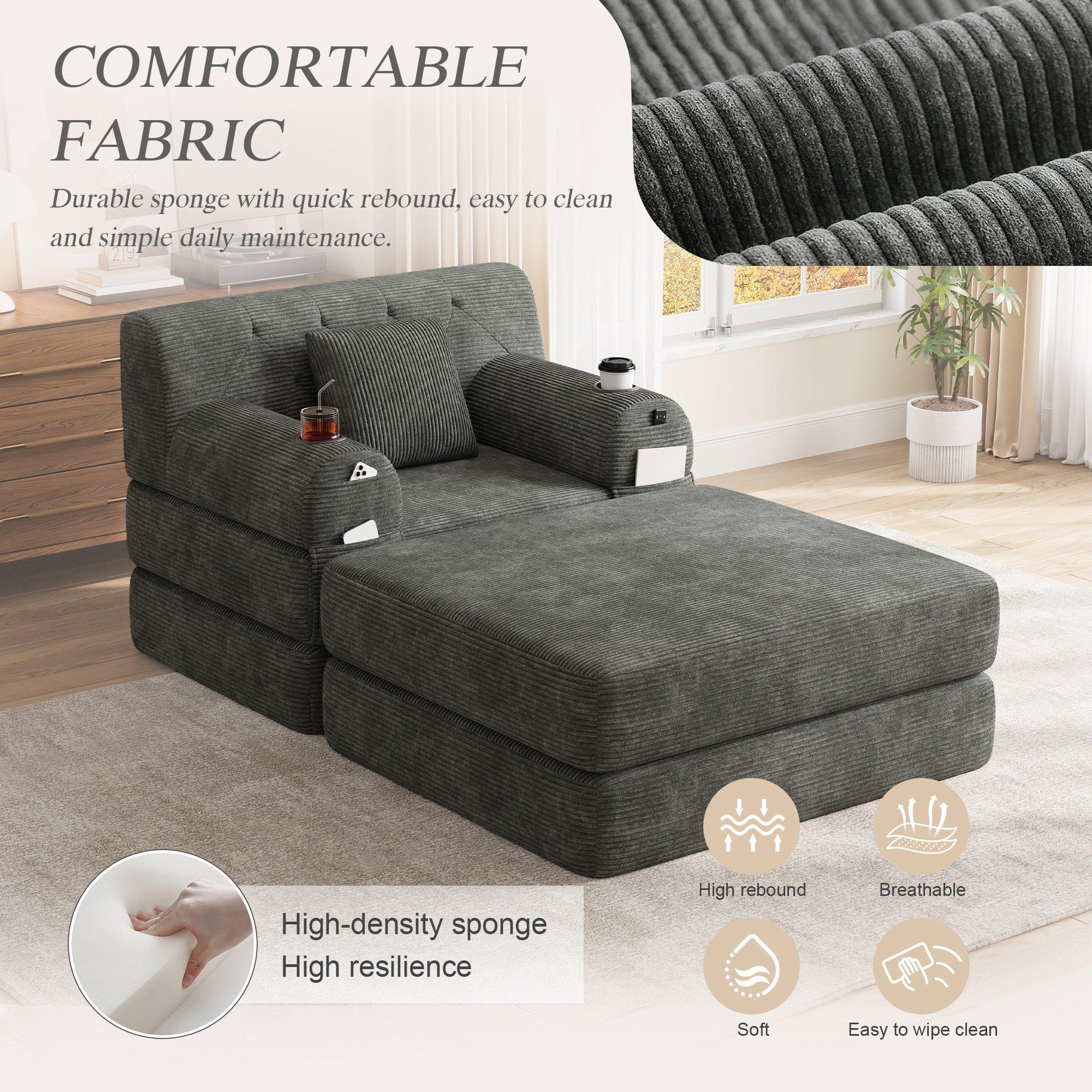 Dark Gray - Urban Meuble - Corduroy Convertible Sleeper Chair with Ottoman - 11