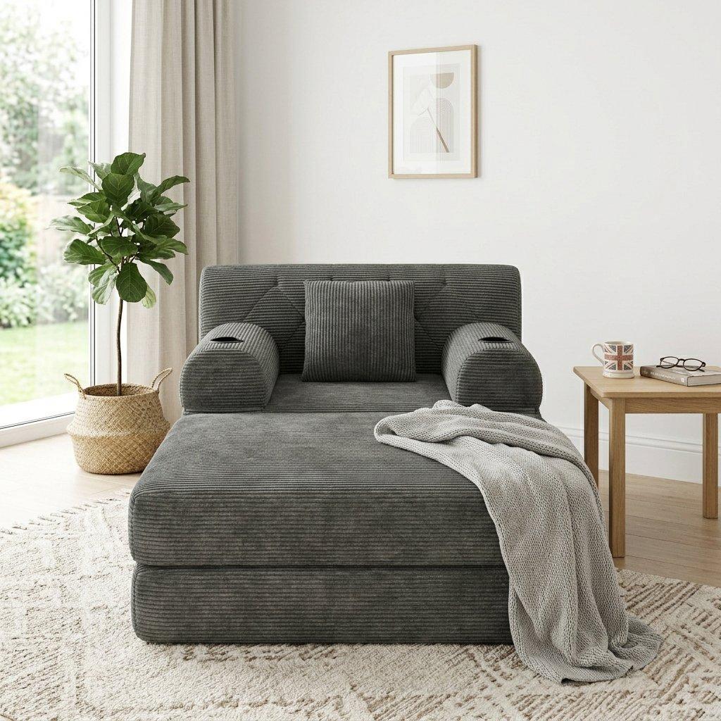 Dark Gray - Urban Meuble - Corduroy Convertible Sleeper Chair with Ottoman - 3
