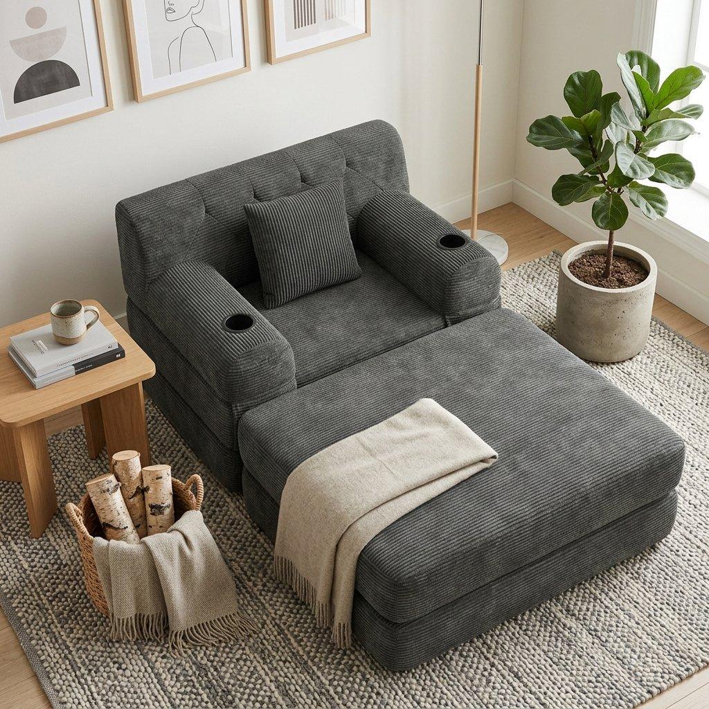 Dark Gray - Urban Meuble - Corduroy Convertible Sleeper Chair with Ottoman - 4