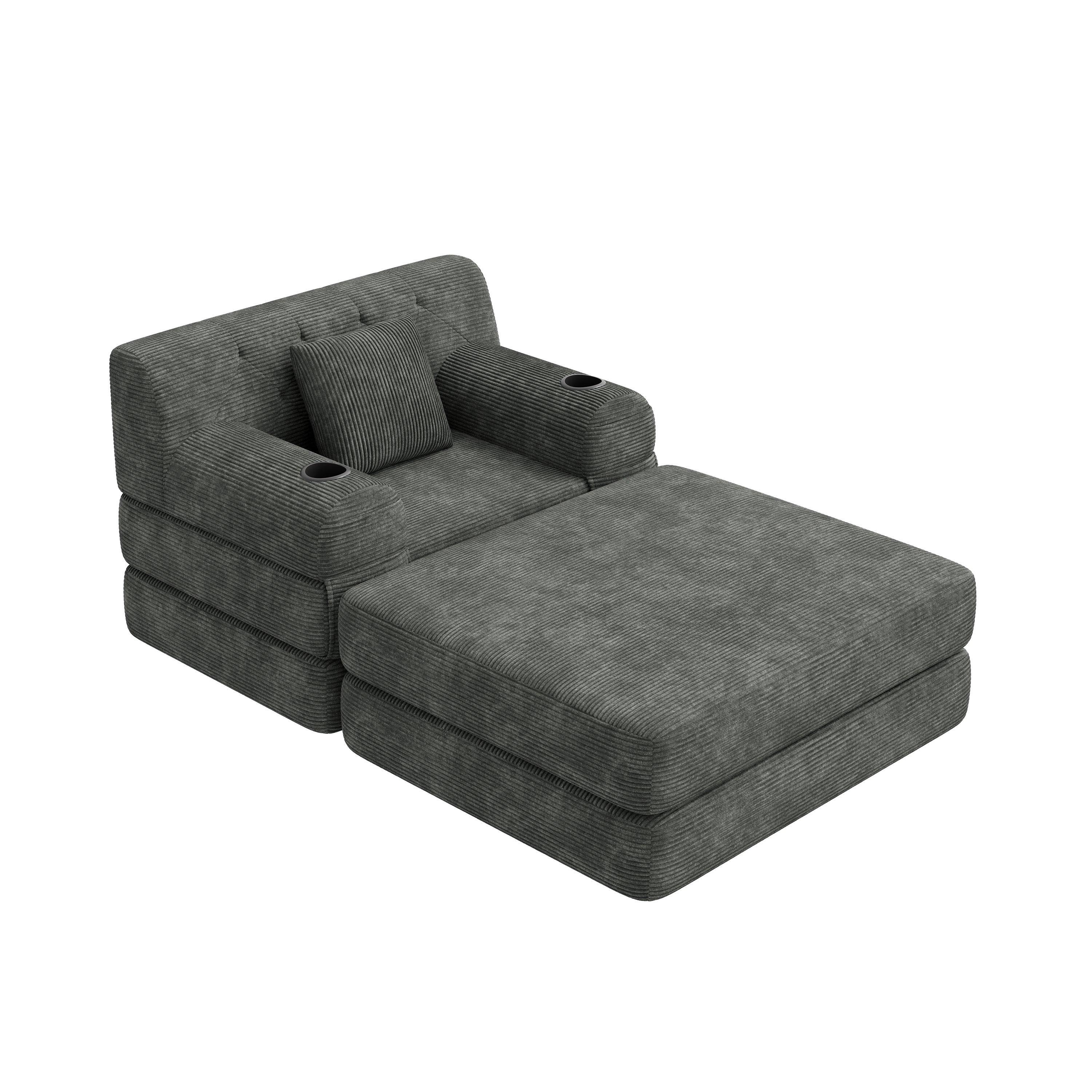 Dark Gray - Urban Meuble - Corduroy Convertible Sleeper Chair with Ottoman - 5