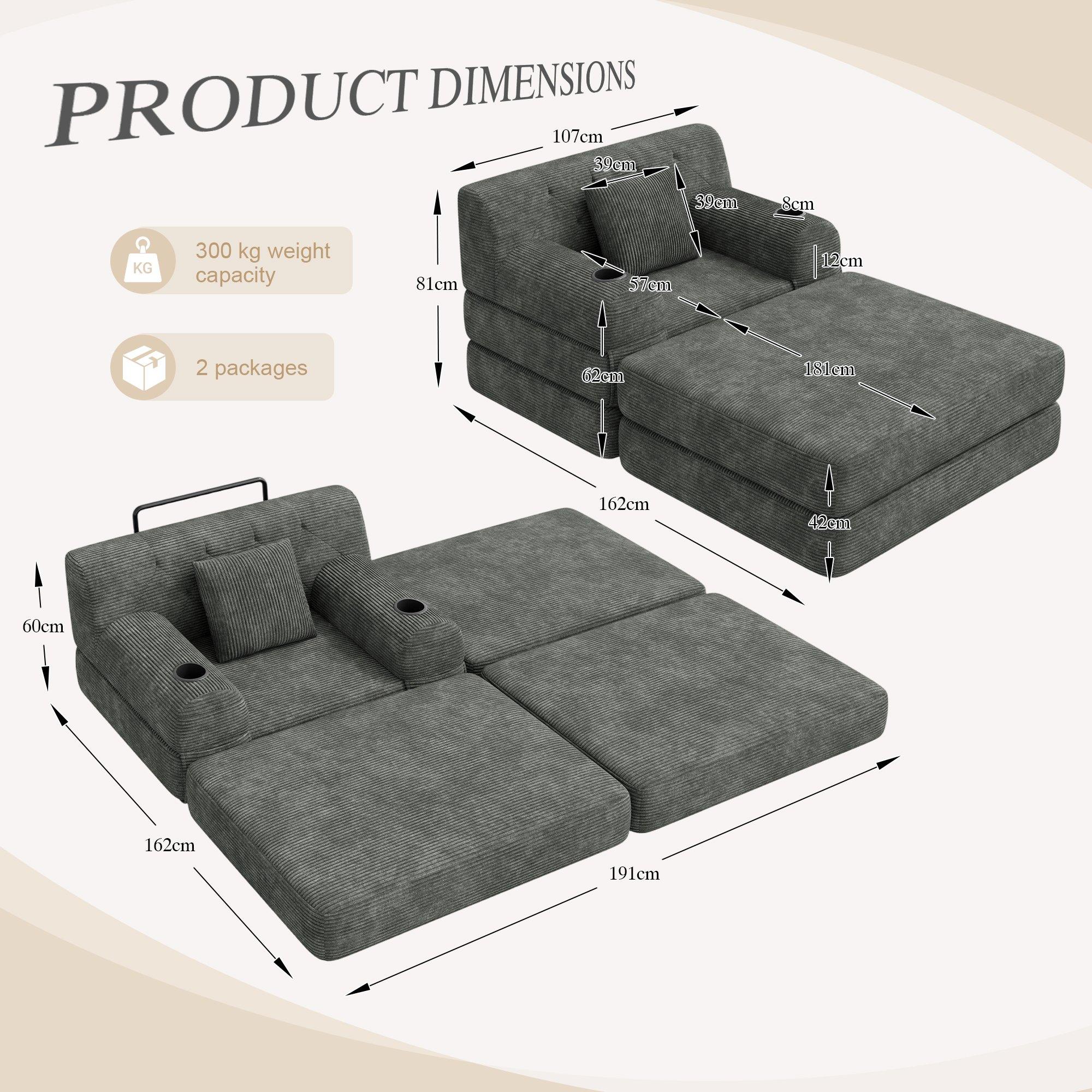 Dark Gray - Urban Meuble - Corduroy Convertible Sleeper Chair with Ottoman - 6