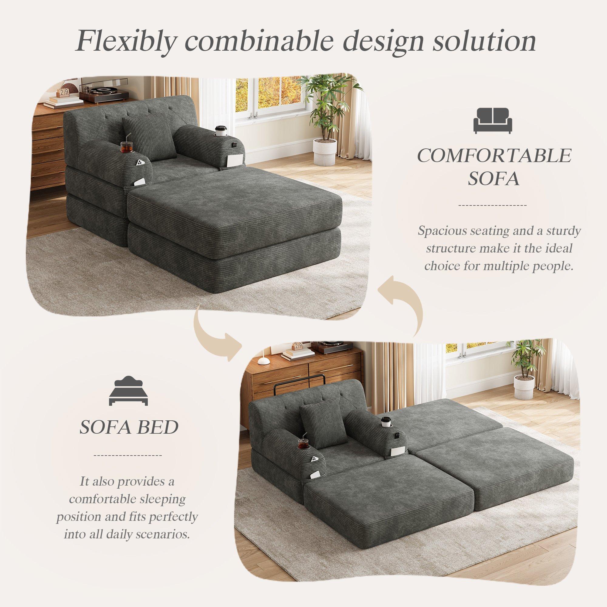 Dark Gray - Urban Meuble - Corduroy Convertible Sleeper Chair with Ottoman - 7