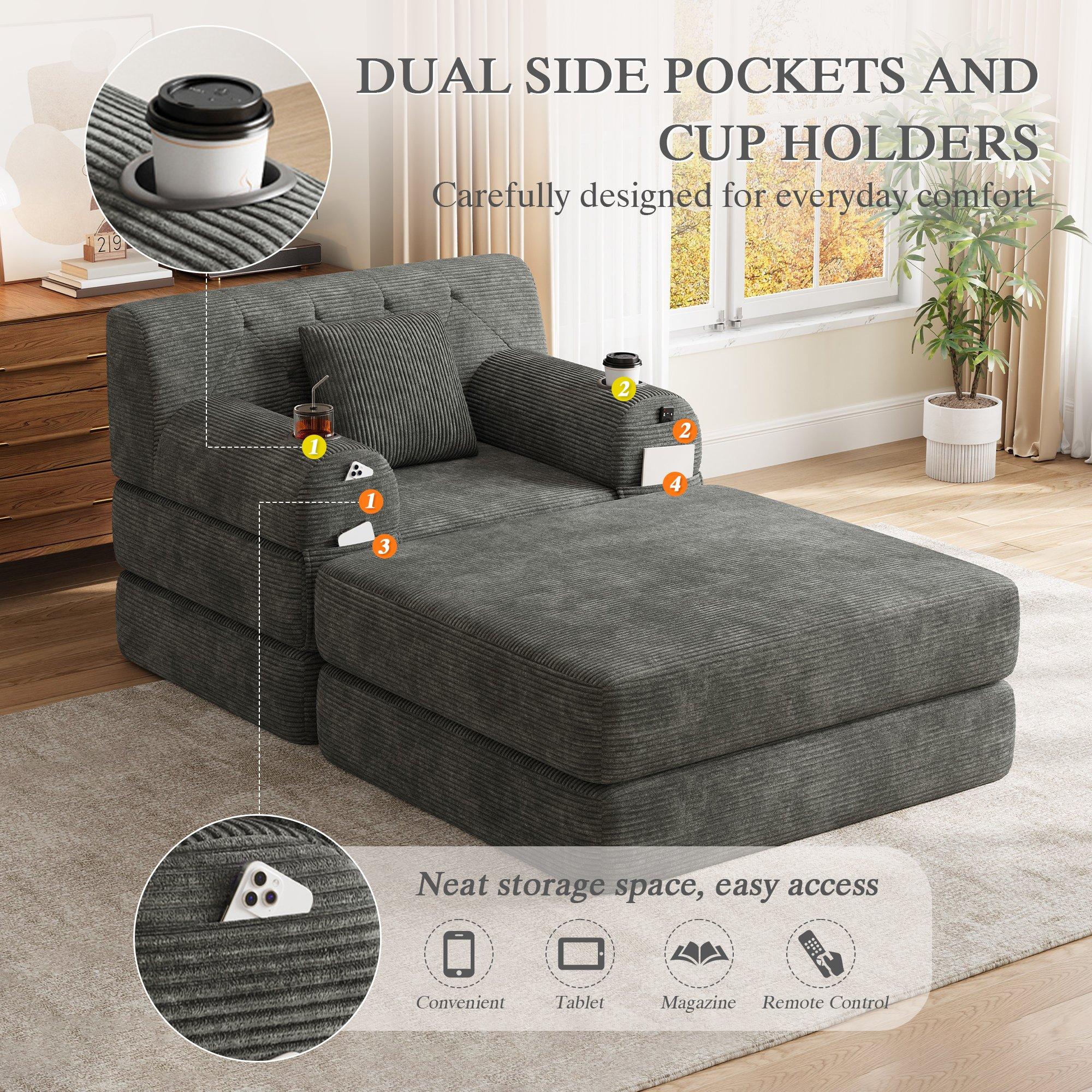 Dark Gray - Urban Meuble - Corduroy Convertible Sleeper Chair with Ottoman - 8