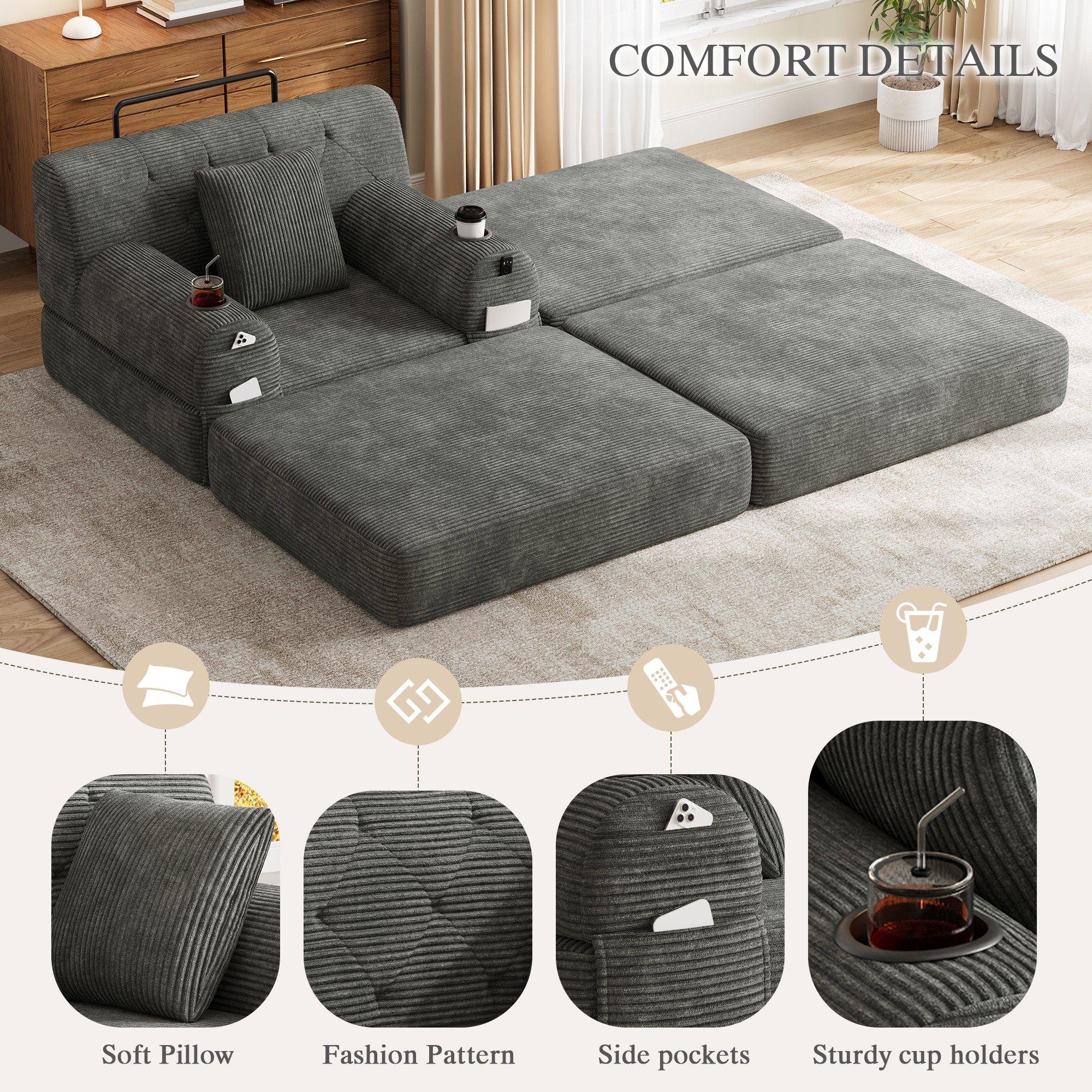 Dark Gray - Urban Meuble - Corduroy Convertible Sleeper Chair with Ottoman - 9