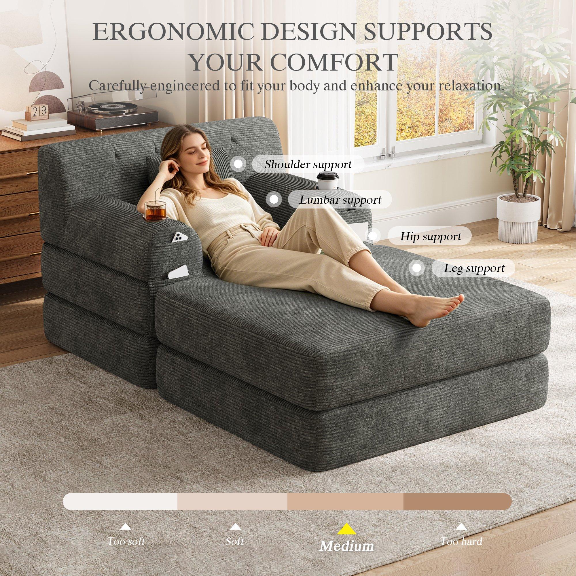 Dark Gray - Urban Meuble - Corduroy Convertible Sleeper Chair with Ottoman - 10