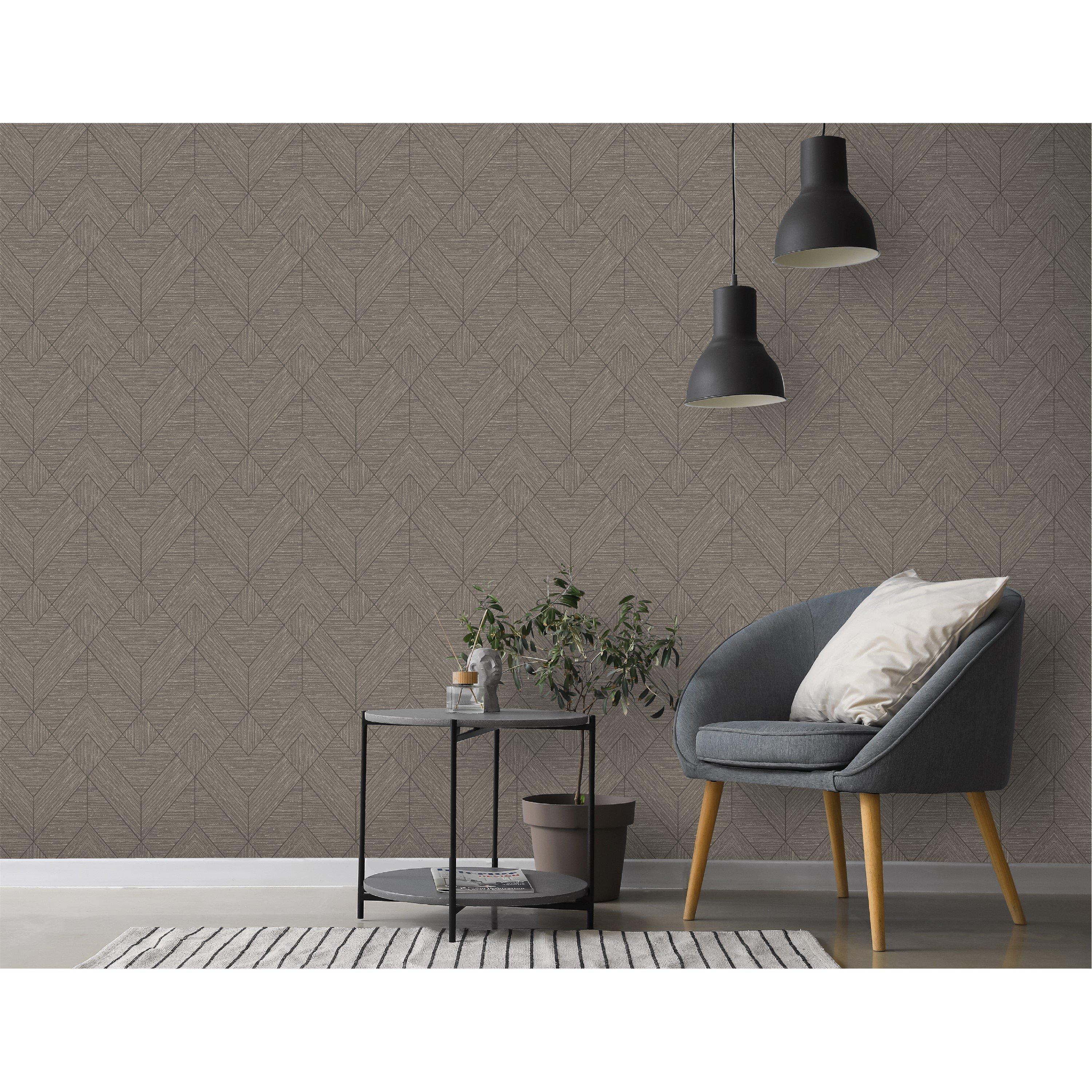 Charcoal - Arthouse - Wood Grain Geo Charcoal / Gold Wallpaper - 2