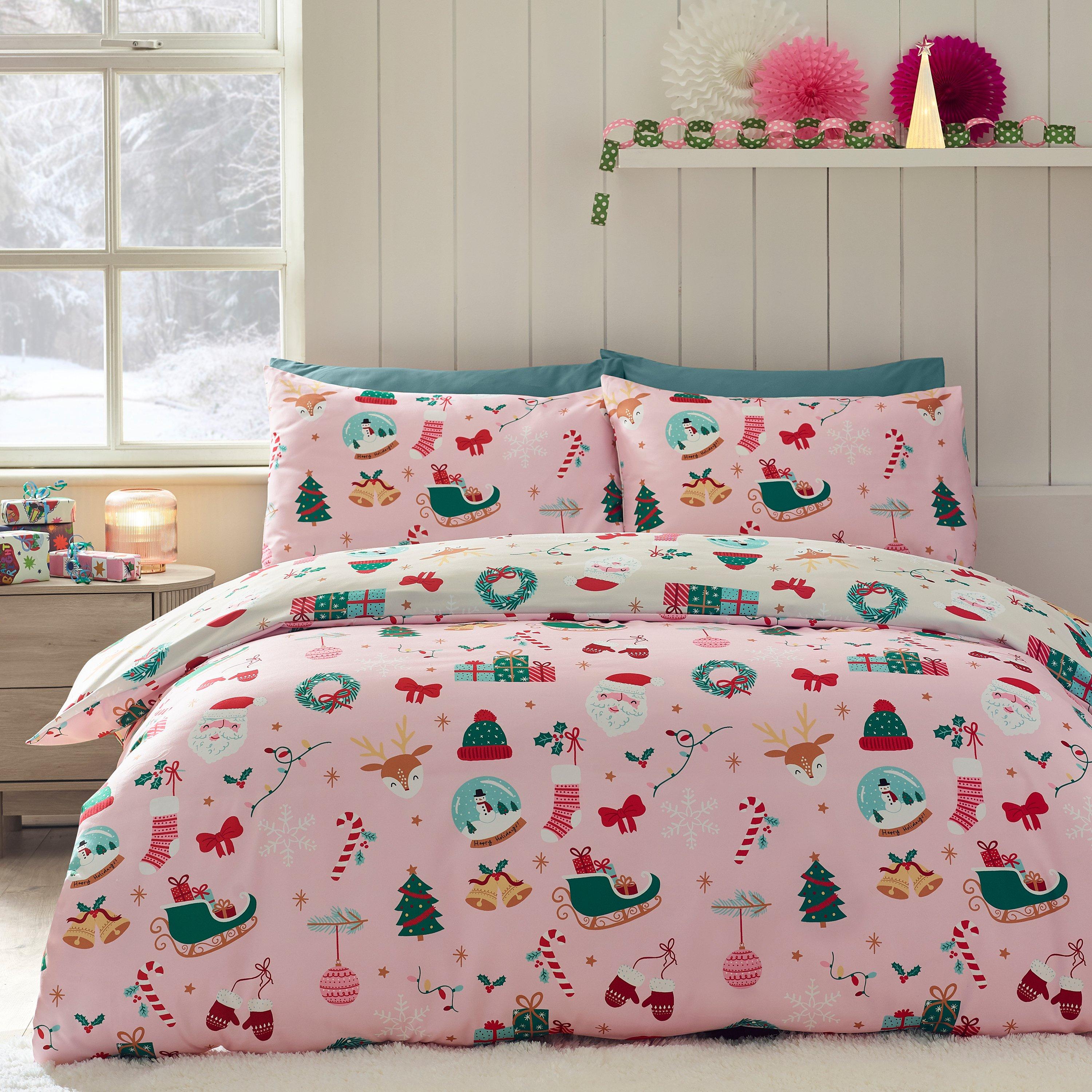 Pink - Catherine Lansfield - Christmas Happy Holidays So Soft Duvet Cover Set - 1
