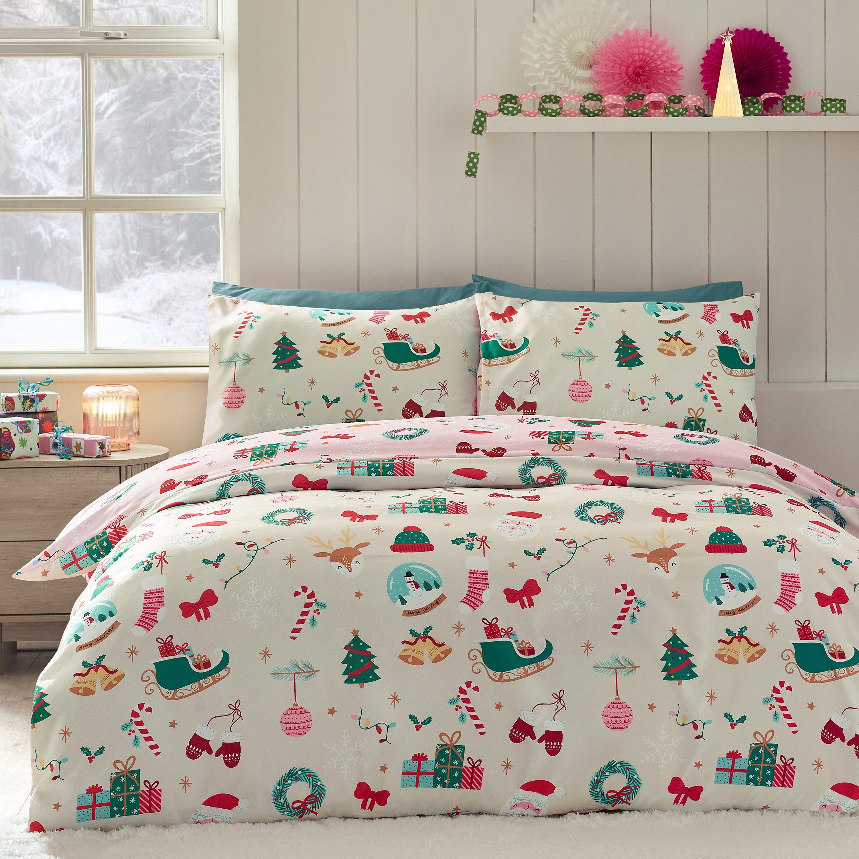 Pink - Catherine Lansfield - Christmas Happy Holidays So Soft Duvet Cover Set - 2