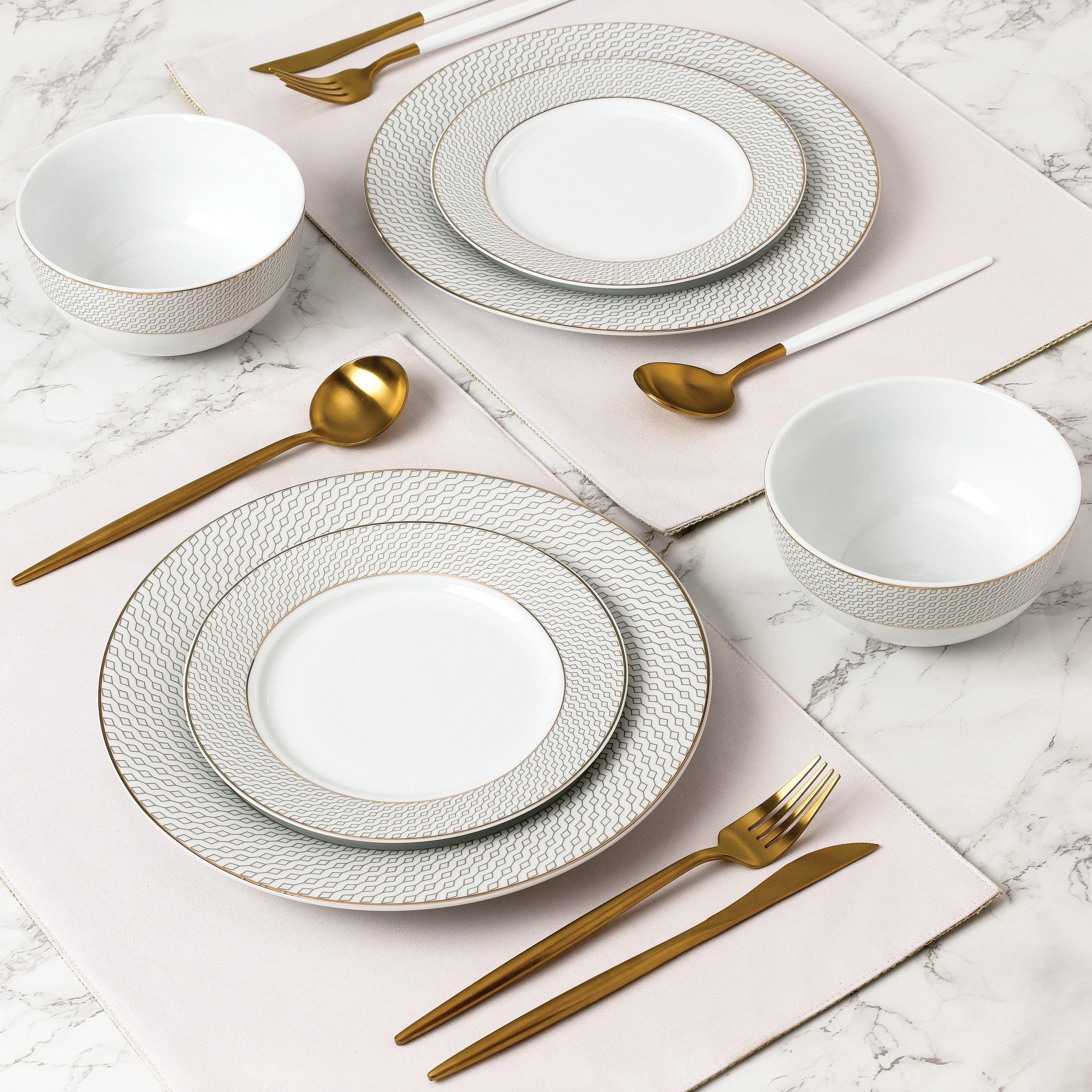Multi - Waterside - 12pc Premium Diamond  & Gold Dinner Set - 2