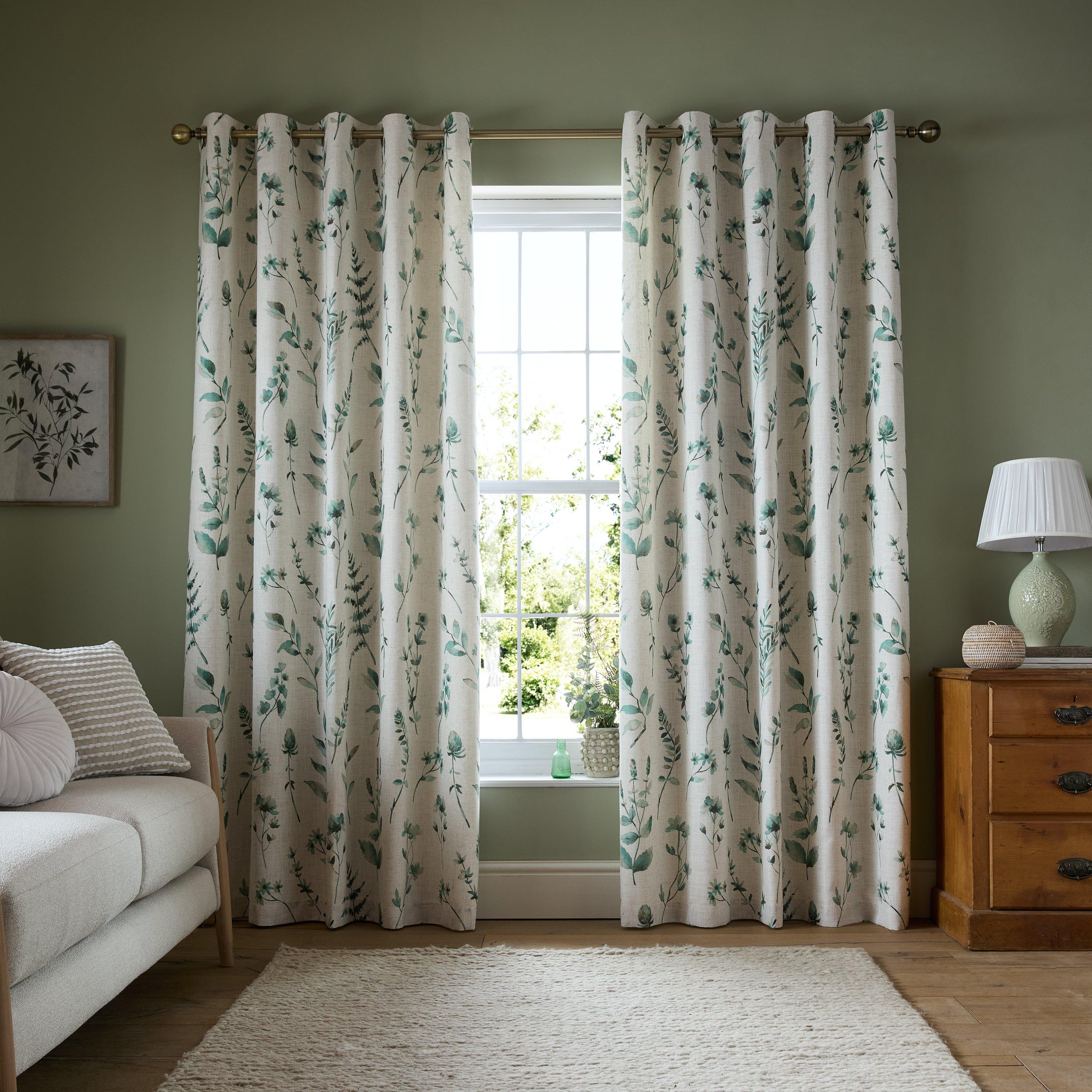 Natural / Green - Catherine Lansfield - Watercolour Leaves Lined Eyelet Curtains - 1