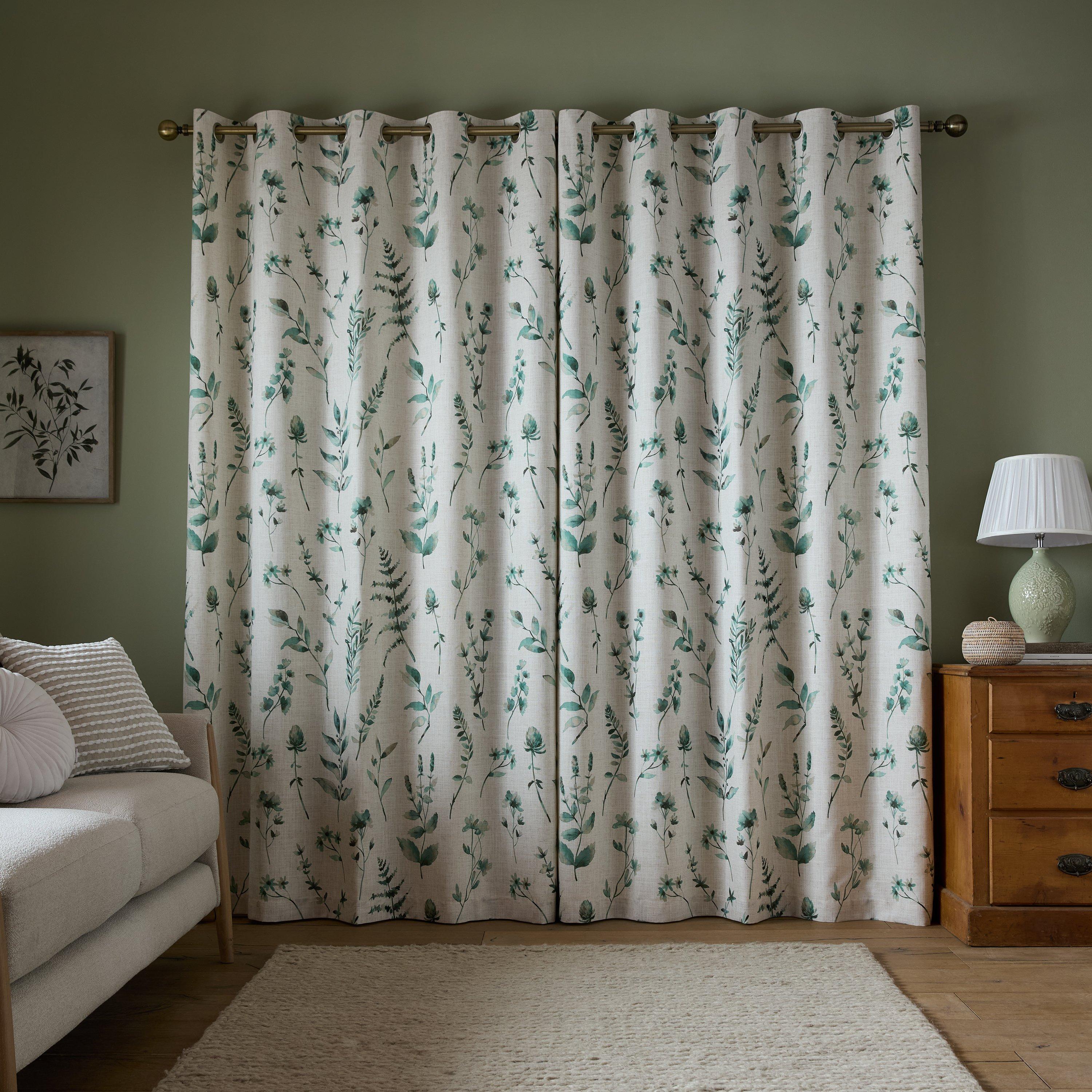 Natural / Green - Catherine Lansfield - Watercolour Leaves Lined Eyelet Curtains - 2