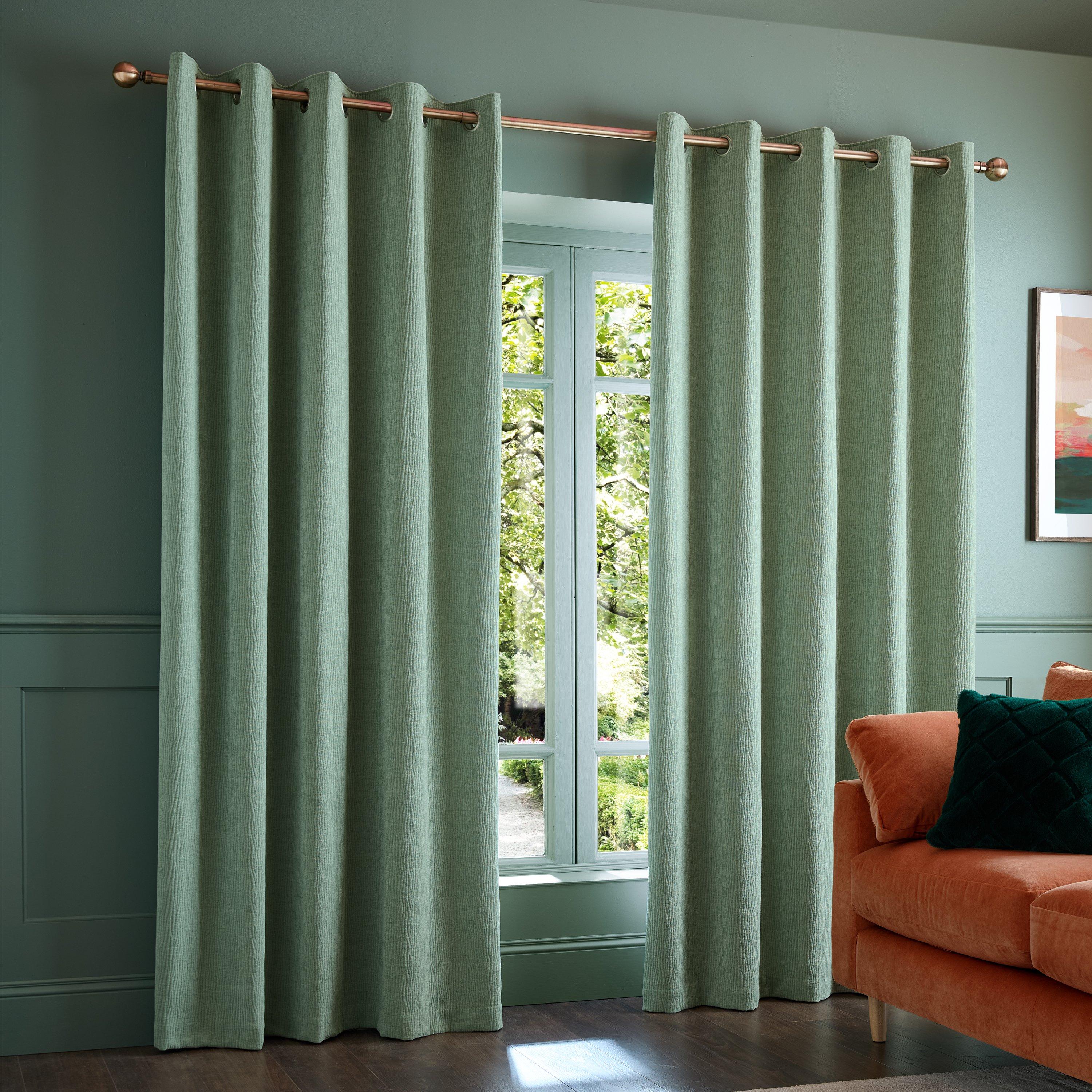 Green - Catherine Lansfield - Crinkle Chenille Lined Eyelet Curtains - 1
