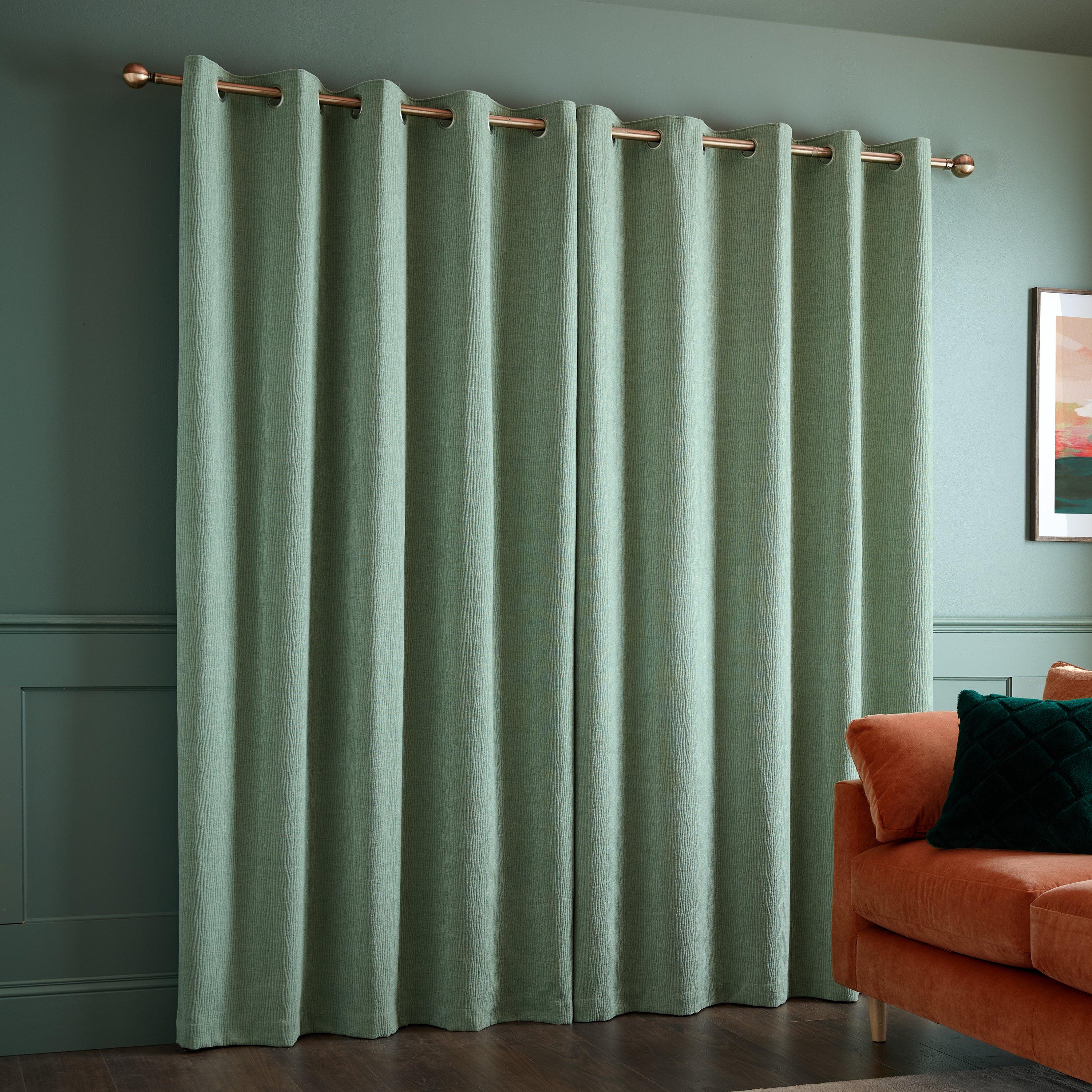 Green - Catherine Lansfield - Crinkle Chenille Lined Eyelet Curtains - 2