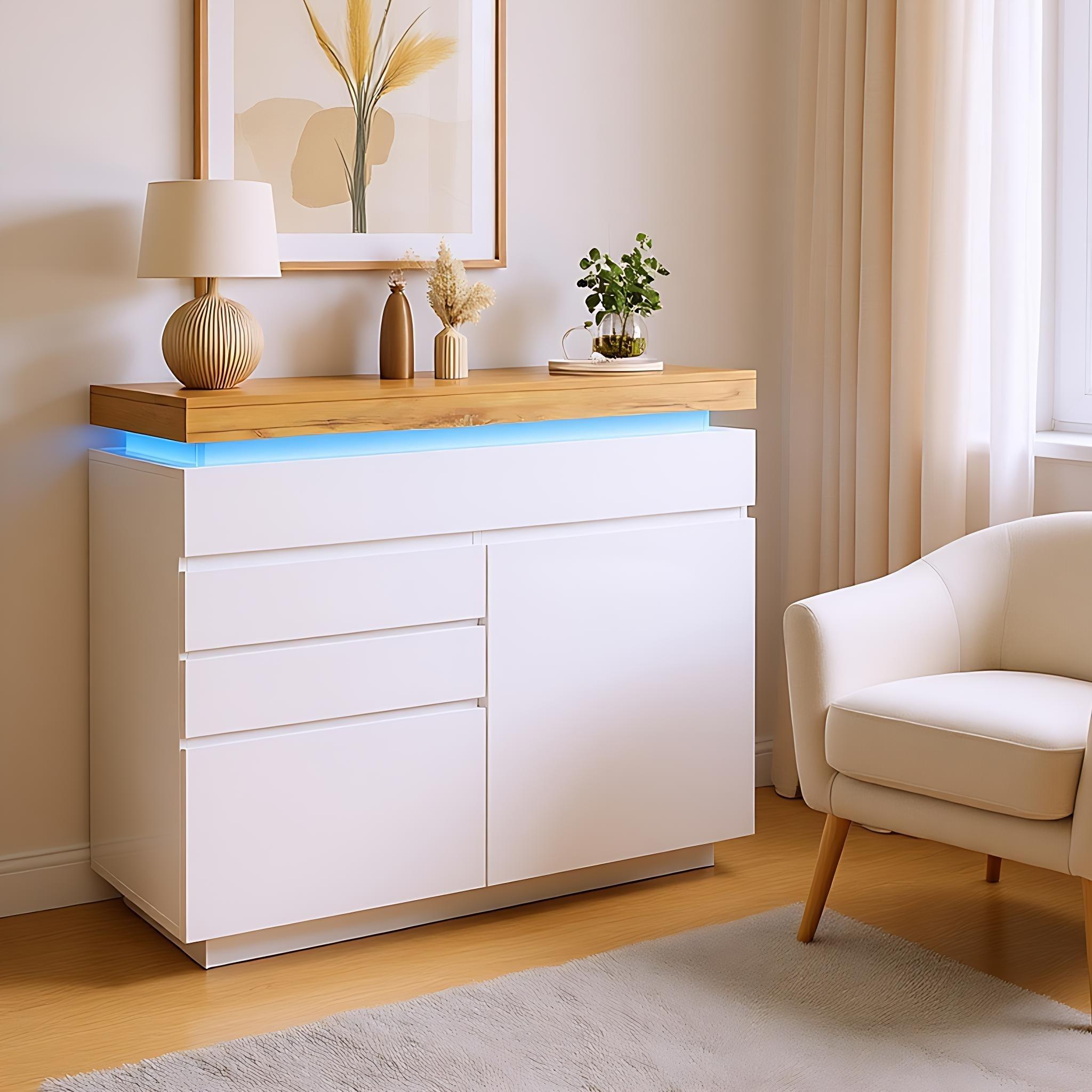 Urban Meuble  Modern Sideboard With Led Light Accent White