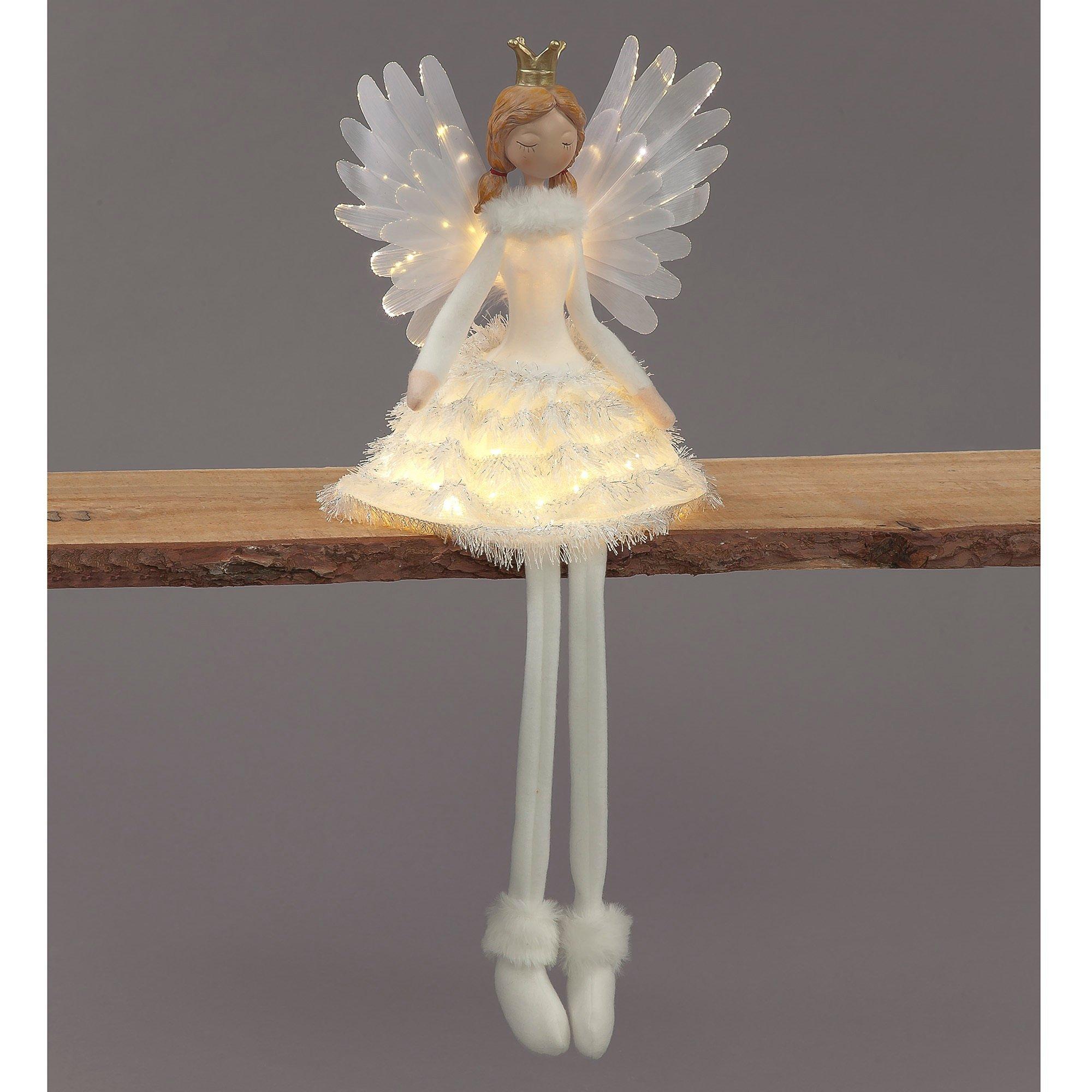 White - Snowtime - LED Lit Silver Sitting Angel Decoration