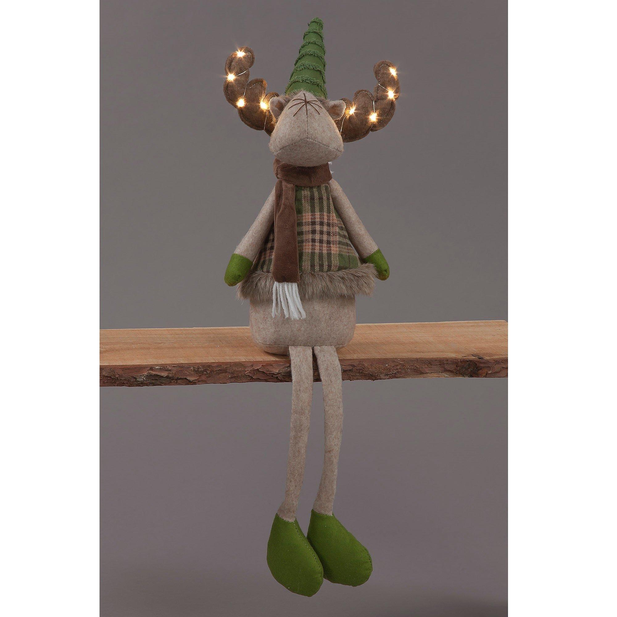 Green And Brown - Snowtime - LED Lit Green Sitting Reindeer Decoration