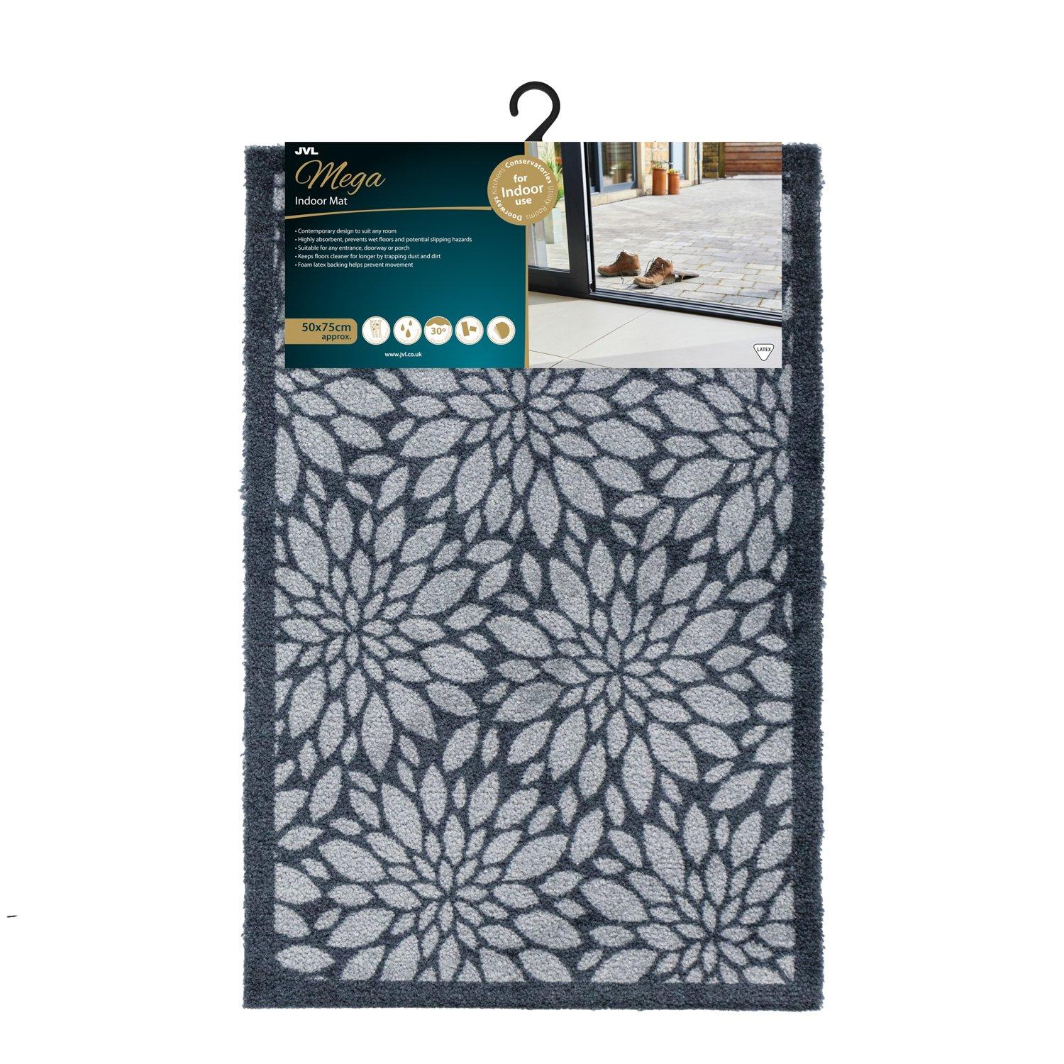 Grey - JVL - Mega Mat Entrance Doormat Flowers 50x75cm - 9