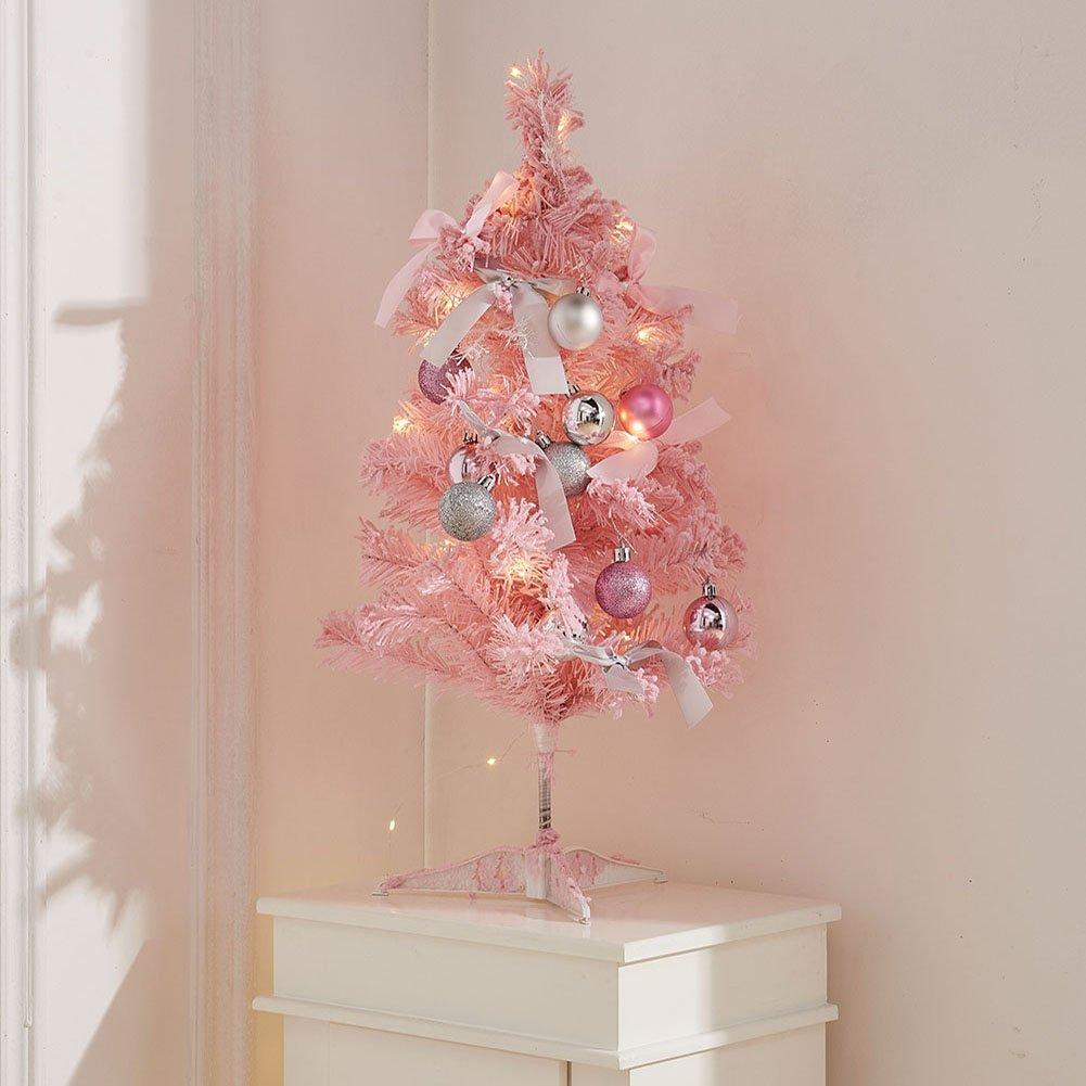 Pink - LIFE IDEAS - 60cm Pink Flocked Christmas Tree Set - 1
