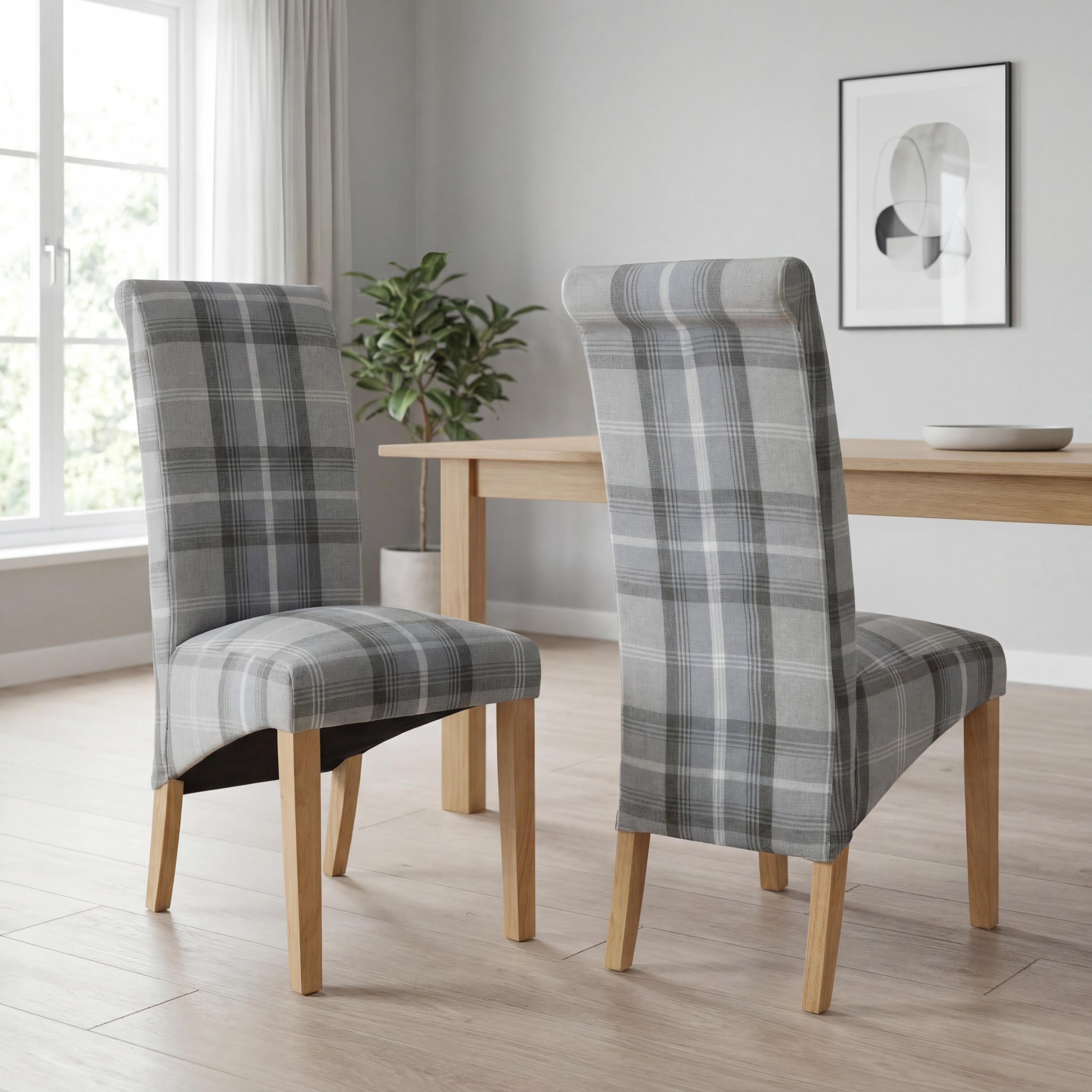 Grey Check - Shankar - Set of 2 Karta Scroll Back Check Dining Chairs - 1