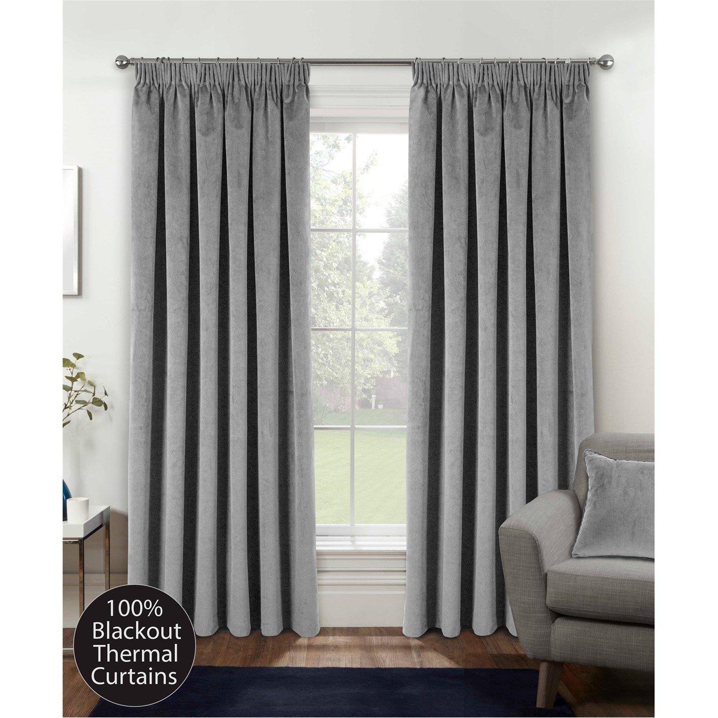 Grey - Enhanced Living - Oxford Velvet 100% Blackout Tape Top Curtains - 1