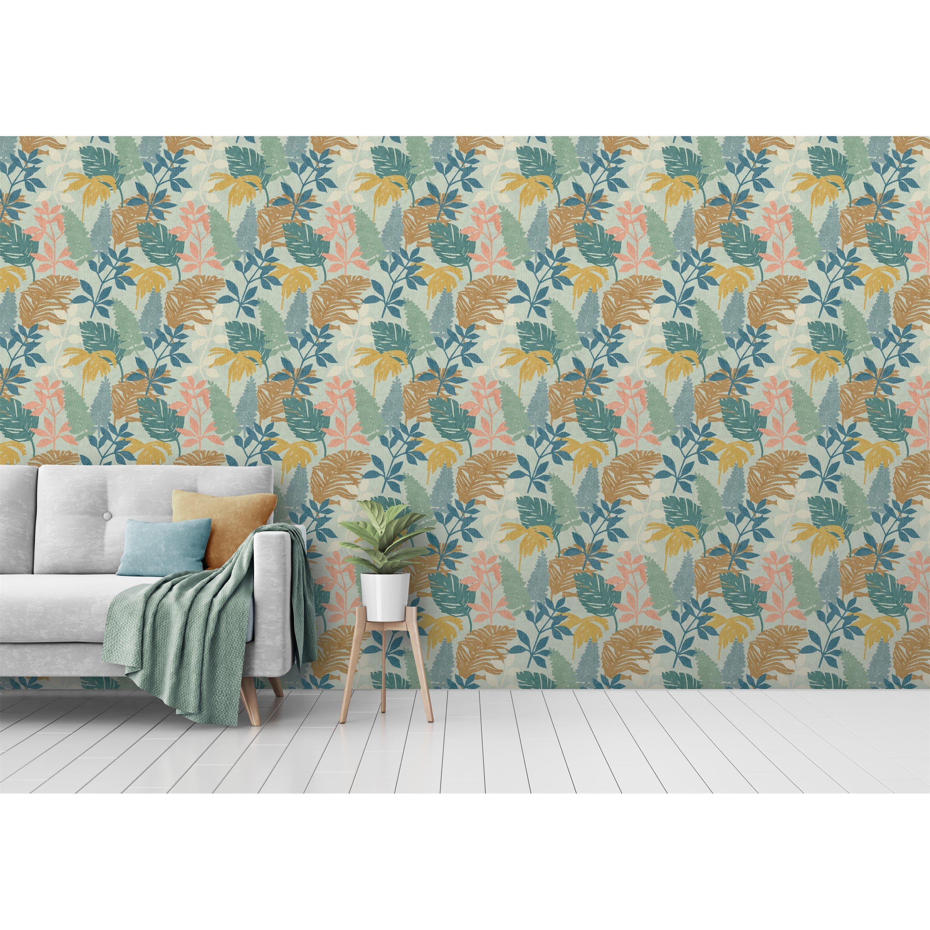 Multicoloured - Arthouse - Fun Leaf Blue Multi Wallpaper - 3