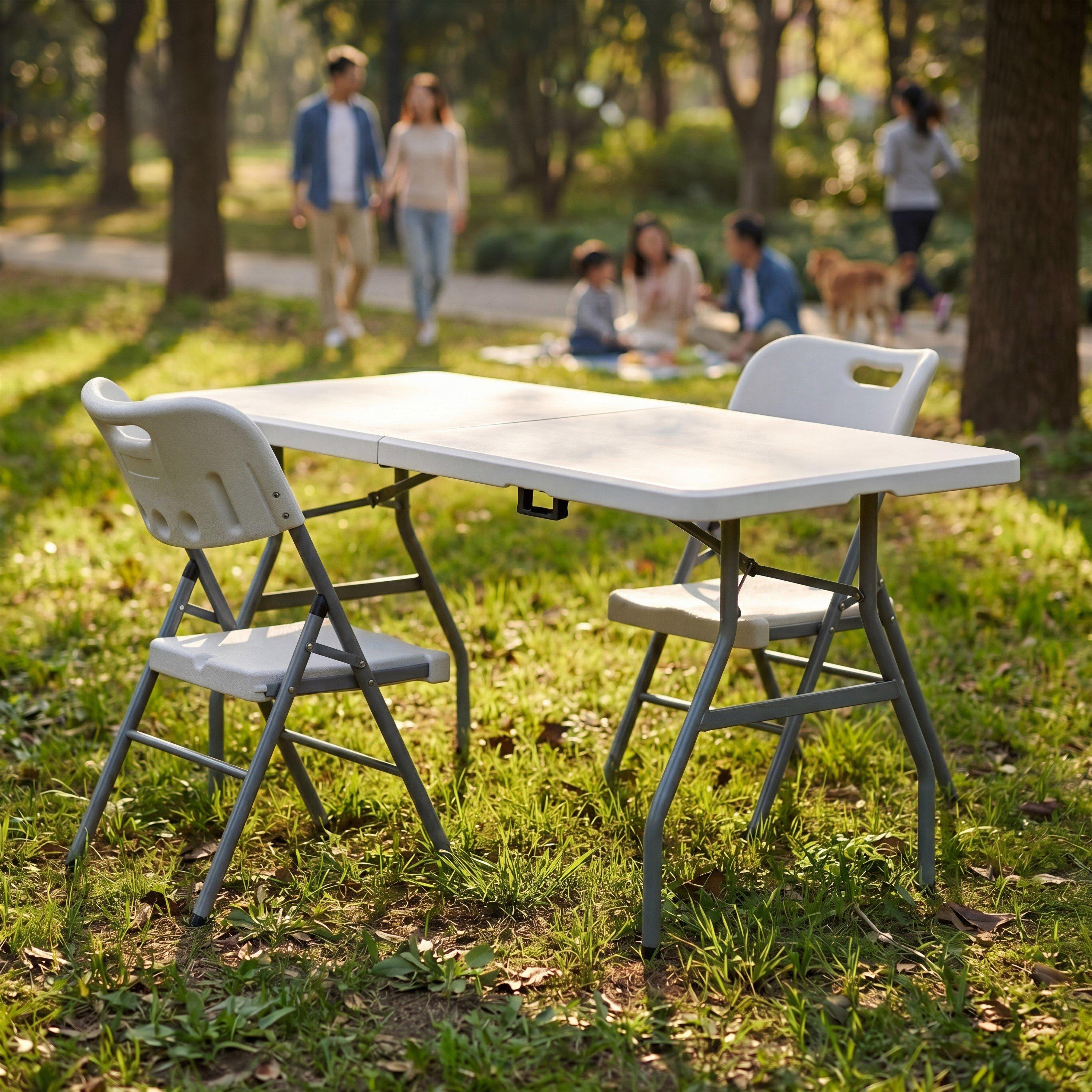White - Lassic - Outdoor Trestle Folding Table 6ft 2 Folding Chairs - 1