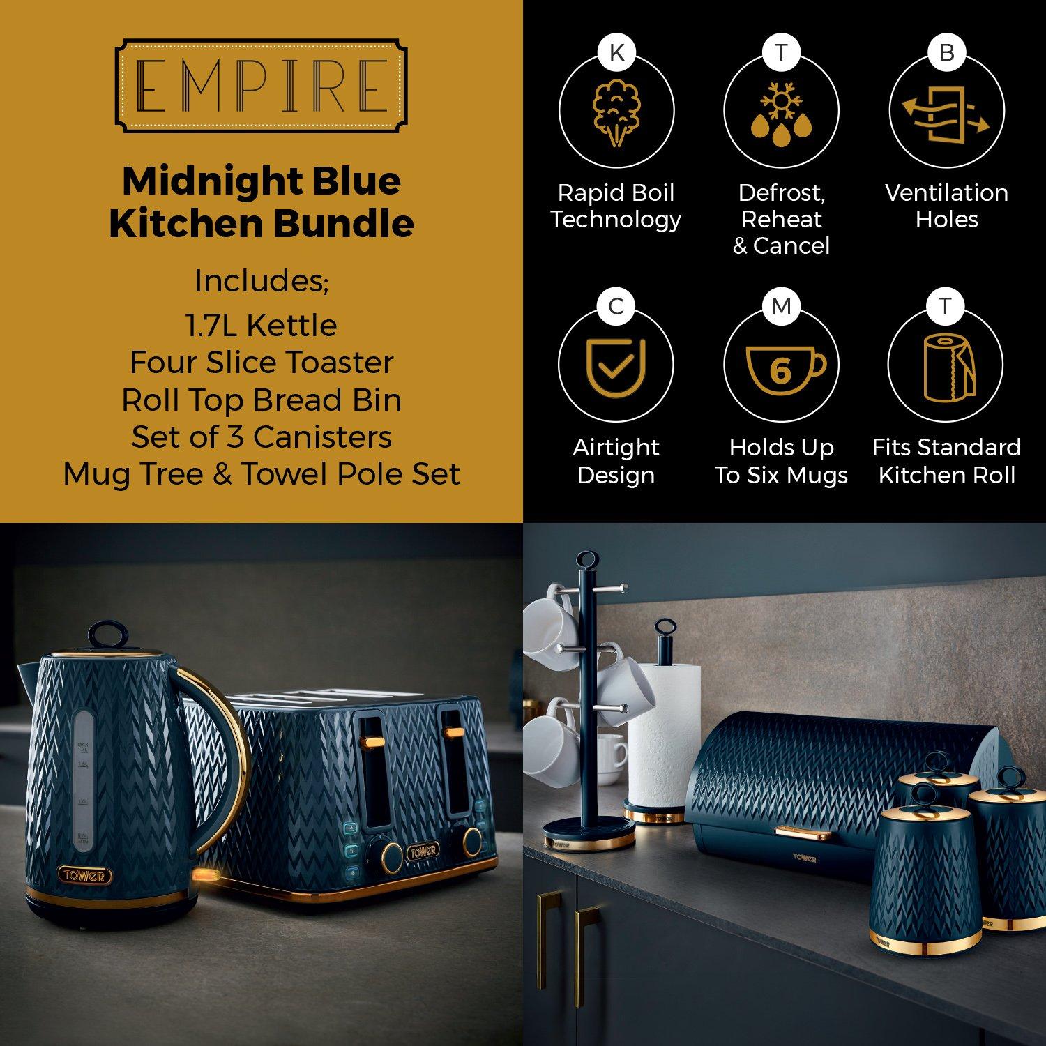 Midnight Blue - Tower - Empire 5 Piece Kitchen Set 1.7L Electric Kettle - 2