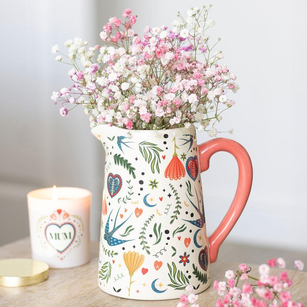 White - Something Different - Cream Folk Print Ceramic Flower Jug - 1