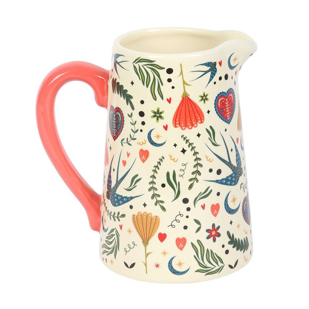 White - Something Different - Cream Folk Print Ceramic Flower Jug - 2
