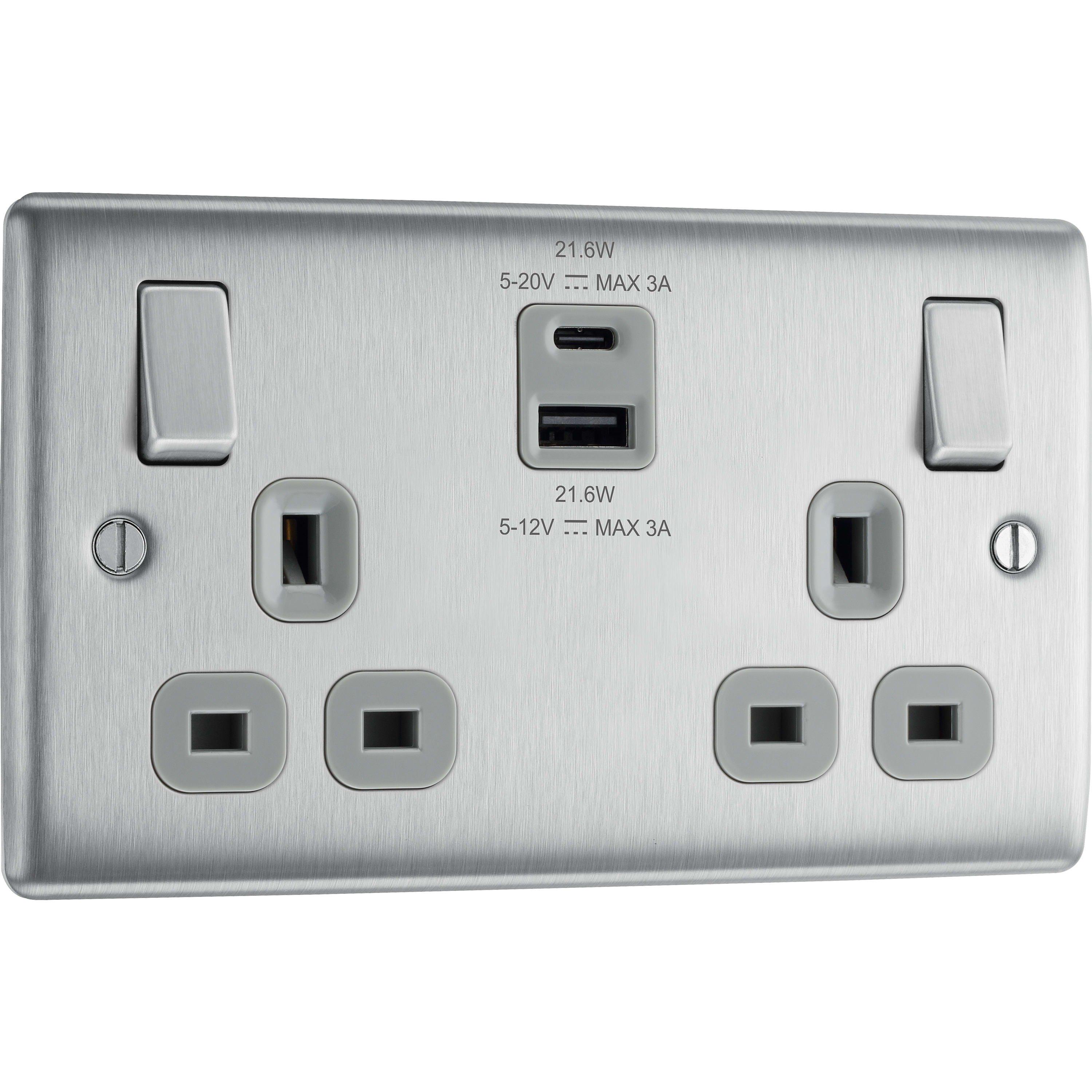 Bg  Nexus Metal Double Socket Usb A & C Ports - Brushed Steel - N/A